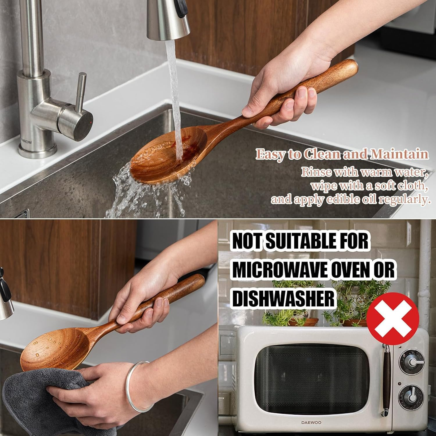 2PCS 9.25" Wooden Cooking Spoons, Natural Kitchen Utensils,Soup Spoon,Healthy and High Moist Resistance for Cooking, Serving Salad, Mixing,Stirring Soup,Handcrafted Cutlery Tool image number 3