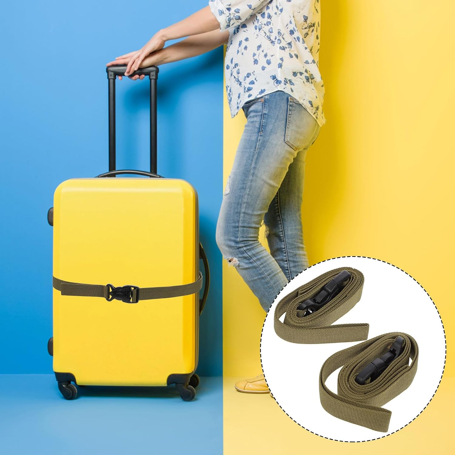 Hoement Outdoor Luggage Straps 2Pcs with Adhesive Buckle, Khaki Camping Tie down Belts for Travel Suitcase Securing and Bundling, Sturdy Fastening Straps for Outdoor Gear image number 4