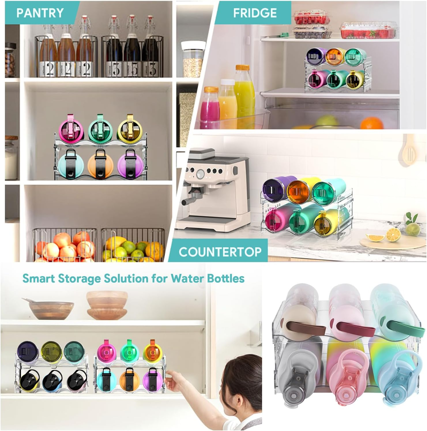 Paifencodill Cabinet Water Bottle Storage Device, Kitchen Stackable Water Bottle Storage Refrigerator Bottle Rack Sports Flask Roller Travel Cup Storage Device Water Bottle Organizer (2 Layer) image number 1