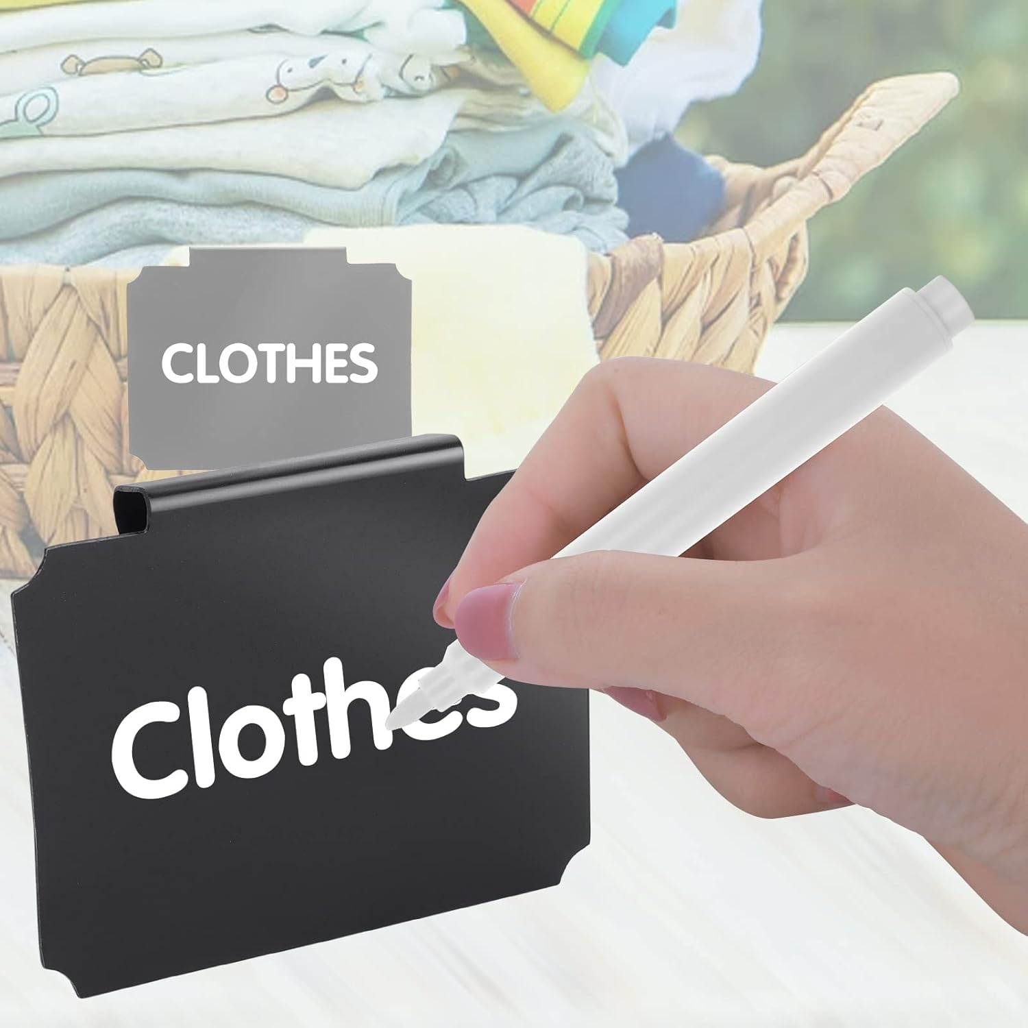 12 Pieces Basket Labels Clip on Set, Include 10 Pcs Kitchen Clip Label Holder Removable Pantry Basket Labels with 2 Pieces White Chalk Marker for Storage Bins Organization Box (Black) image number 4