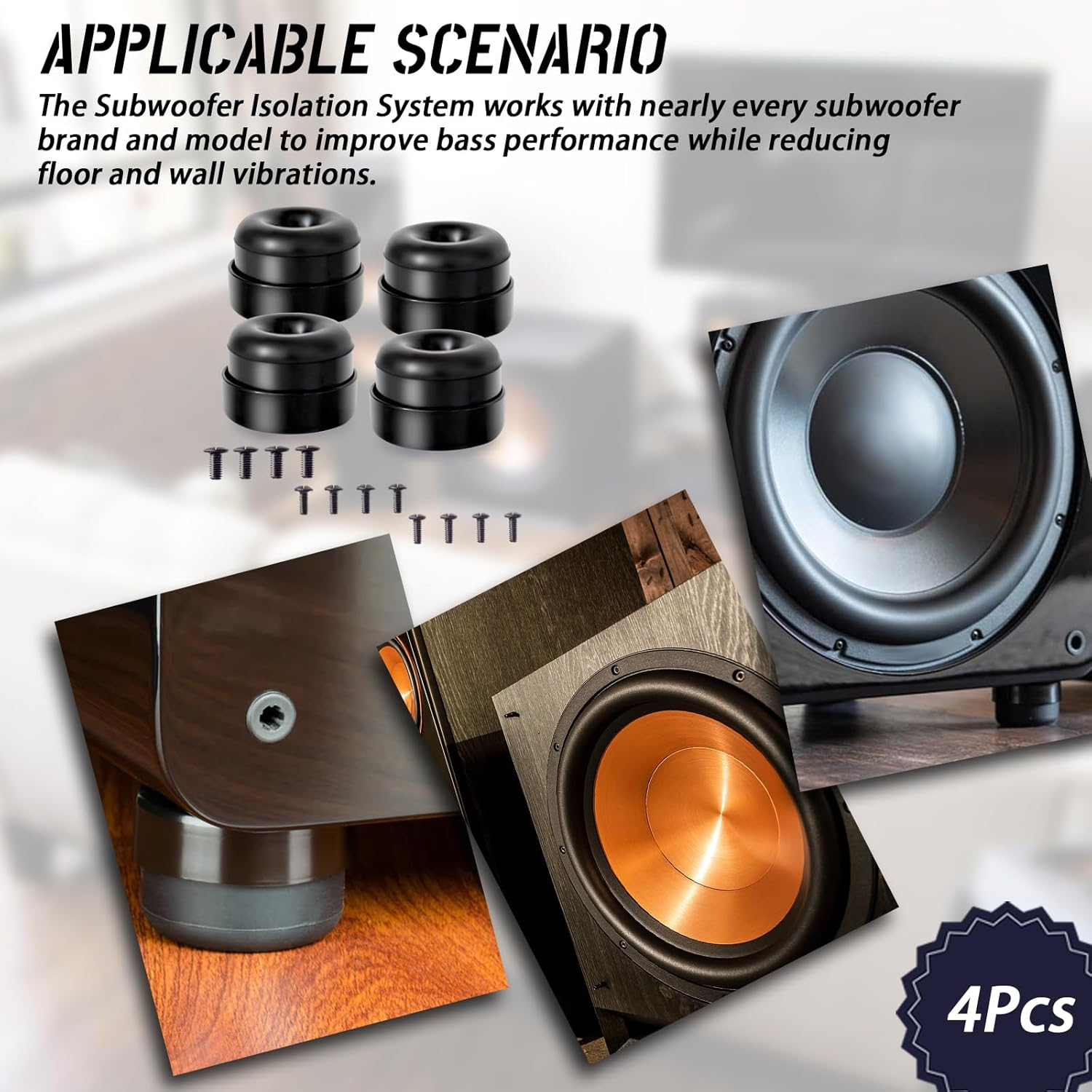 HQPARRTS 4Pcs Subwoofer Isolation Pad Subwoofer Isolation System Compatible with Nearly Every Subwoofer Brand and Model （Black） image number 3