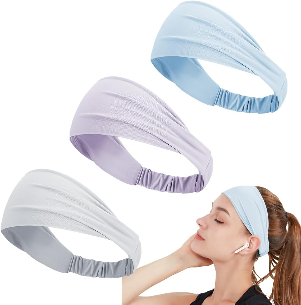 3Pcs Workout Headbands for Women Men Non Slip Sweatbands Elasticwide Headbands for Sports/Yoga/Dance image number 5