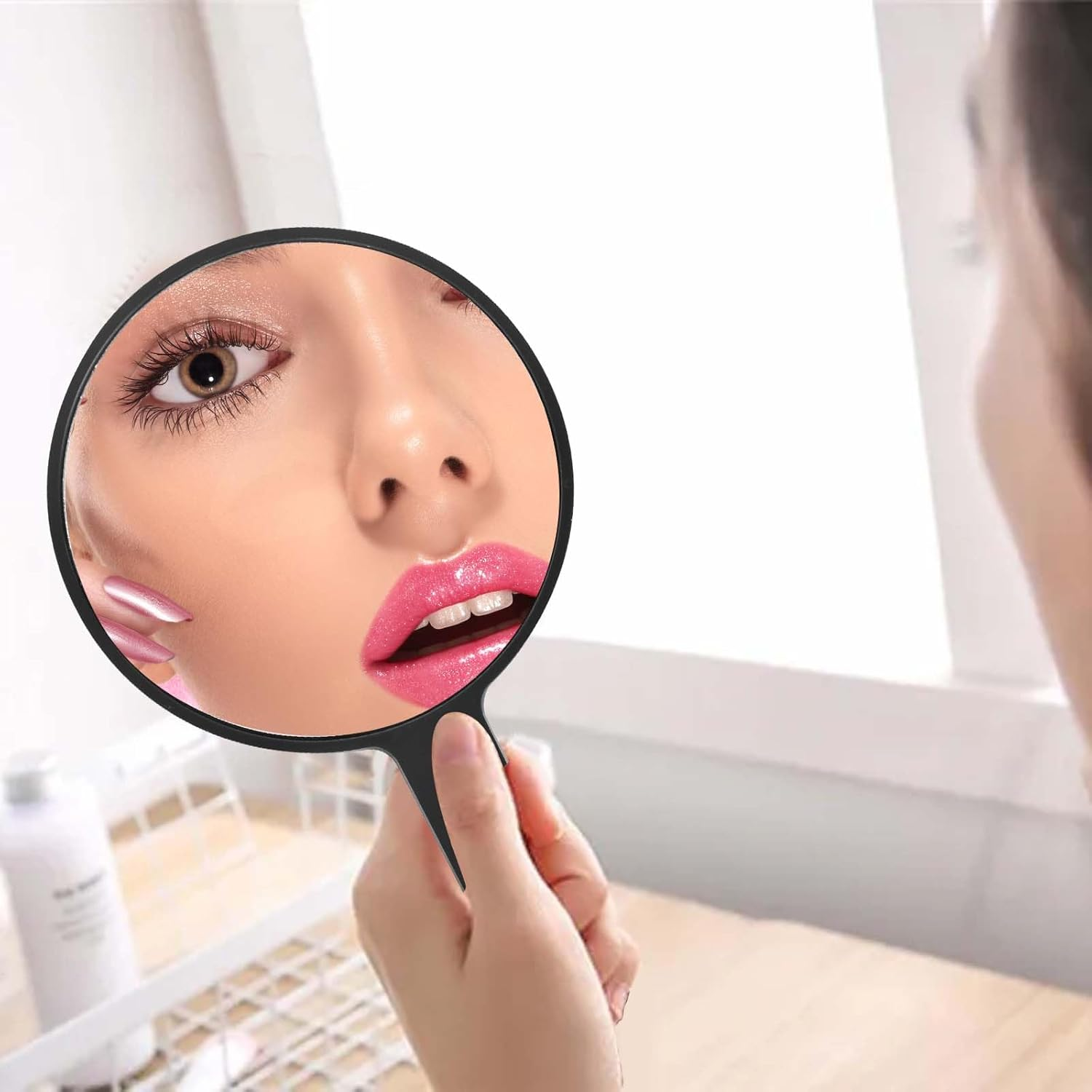 Handheld Mirror, round Makeup Mirrors with Handle, Hairdresser'S Shaving Mirror, Cosmetic Mirror, Pocket Mirror for Handheld Use, Home, Travel (Round Black) - Round Black image number 4