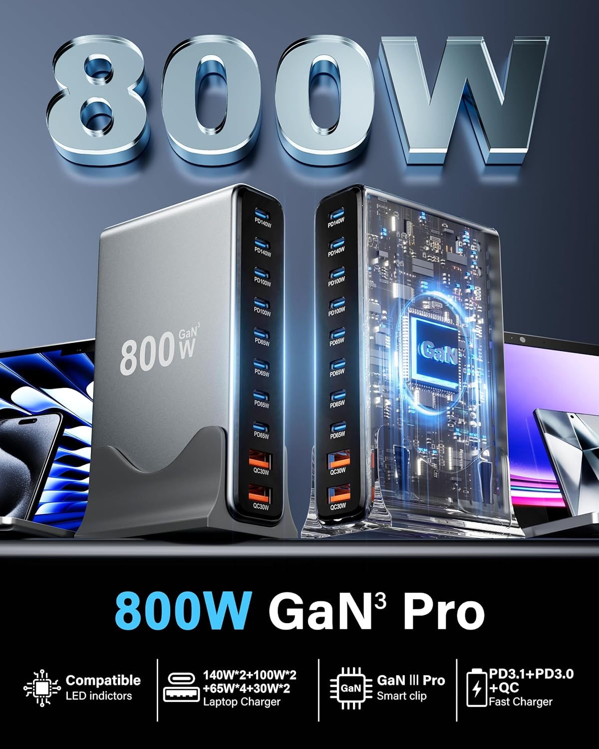 ARIELLX 800W USB-C Charging Station - 140W USB C Charger, 100W USBC Gan Laptop Charger, 10-Port Multi Fast Charger Dock Compatible with Macbook Pro, Ipad, Iphone 16 Pro Max/15, Samsung Galaxy, Dell