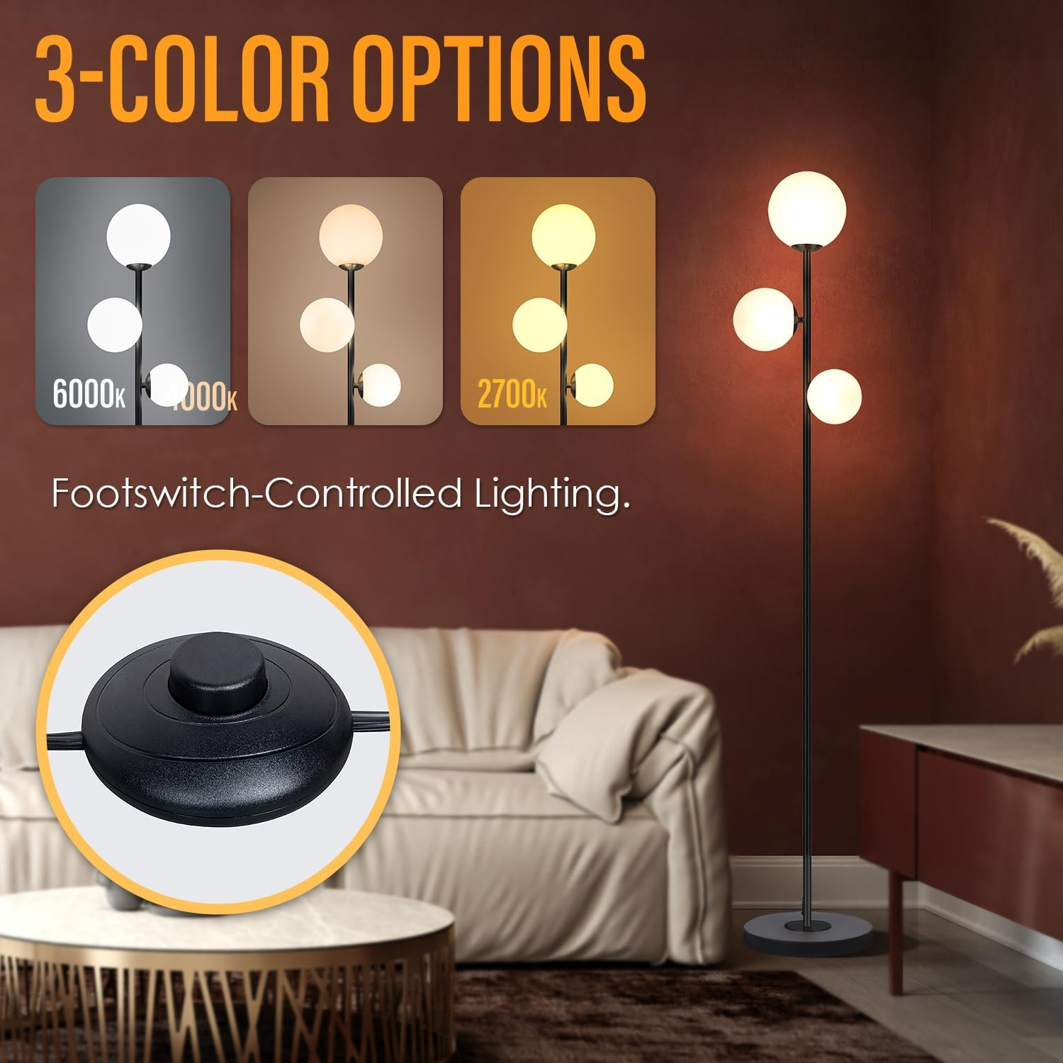 Soilsiu Mid Century Modern Floor Lamp for Living Room, 3 Globe Black Floor Lamp with Frosted Glass Shade, Vintage Standing Tall Floor Lamp for Bedroom, Office - LED Bulbs Included image number 4