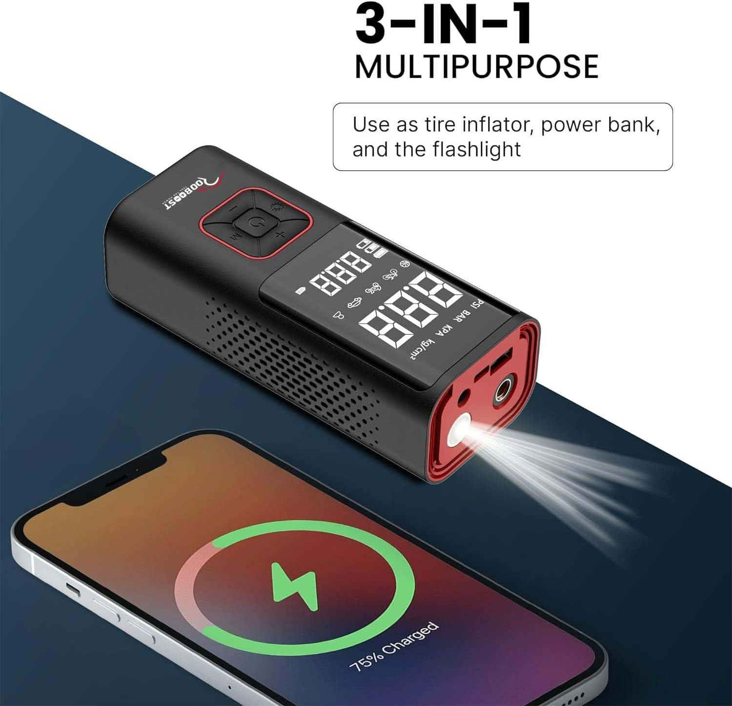 ROOBOOST Tyre Inflator, 6000Mah Cordless Air Compressor, 150PSI Pressure Digital Gauge, Car/Bike/Ball/Air Pump, USB Type-C Charger, Emergency Light. RB-TL80 Cordless Tyre Inflator & Power Bank image number 6