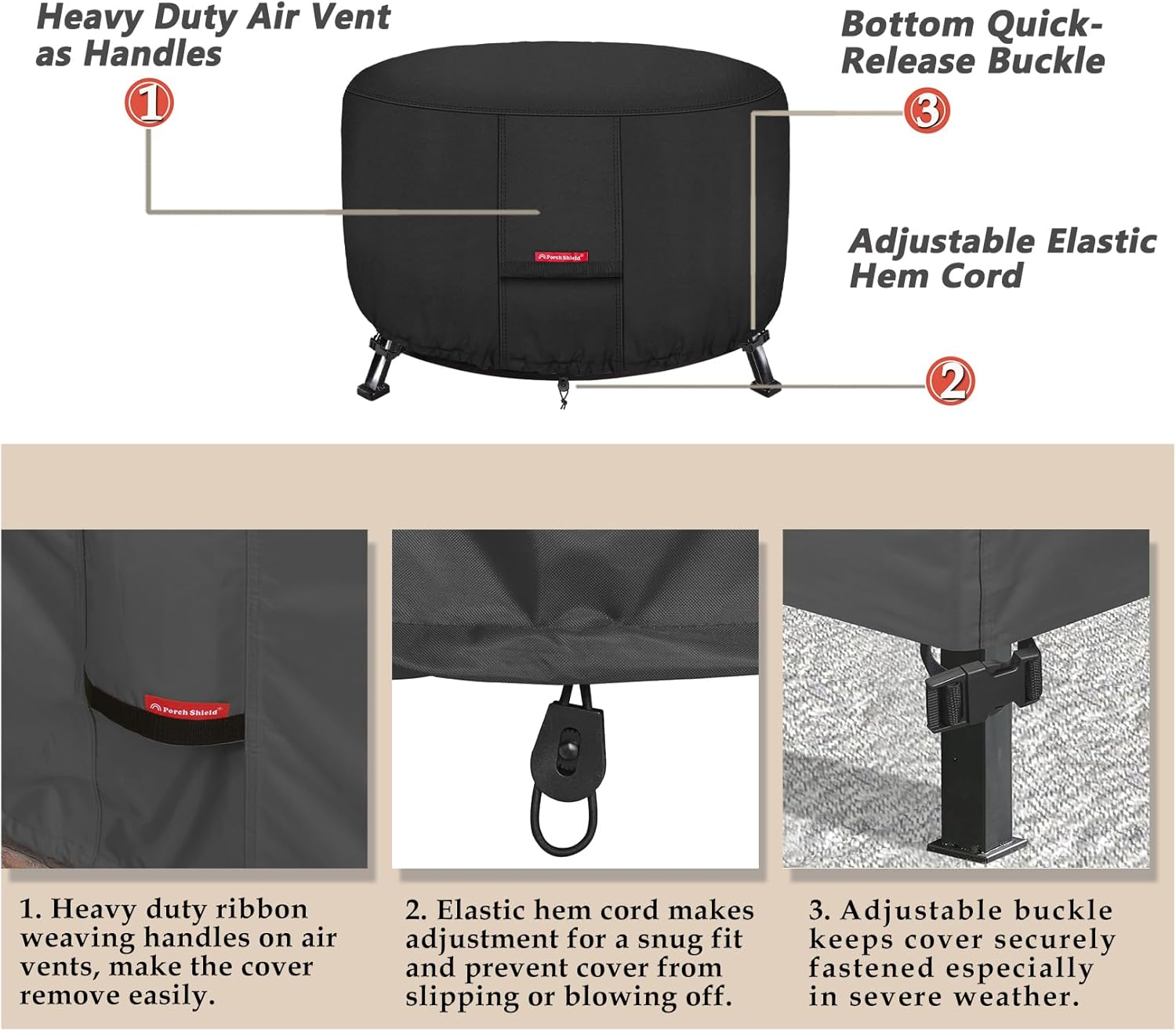 Porch Shield 600D Heavy Duty Patio round Fire Pit/Table/Bowl Cover 36 Inch, 100% Waterproof, Black image number 4