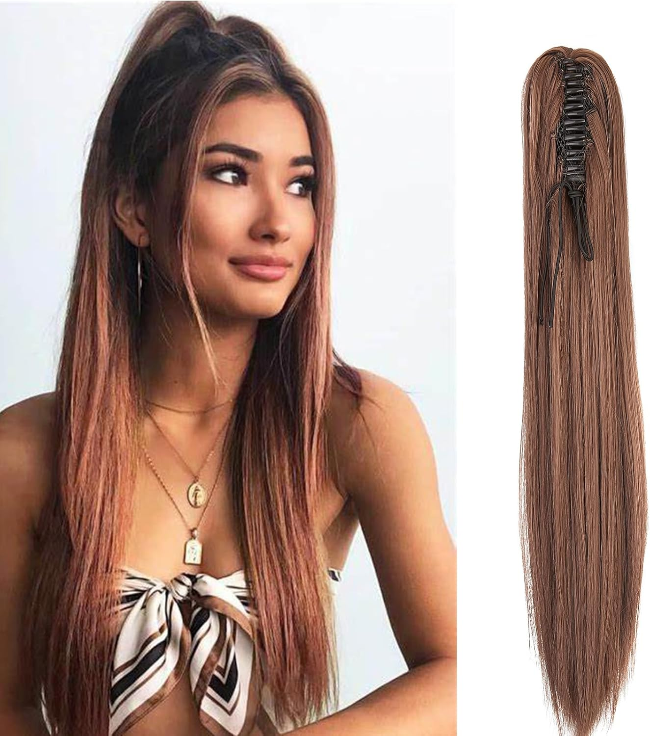 Dcbaboo Ponytail Extension Natural Smooth Hair Extension Natural Hair Clip 50 Cm Hairpiece Natural Hair Ponytail Clip Long Synthetic Straight Ponytail Dark Auburn
