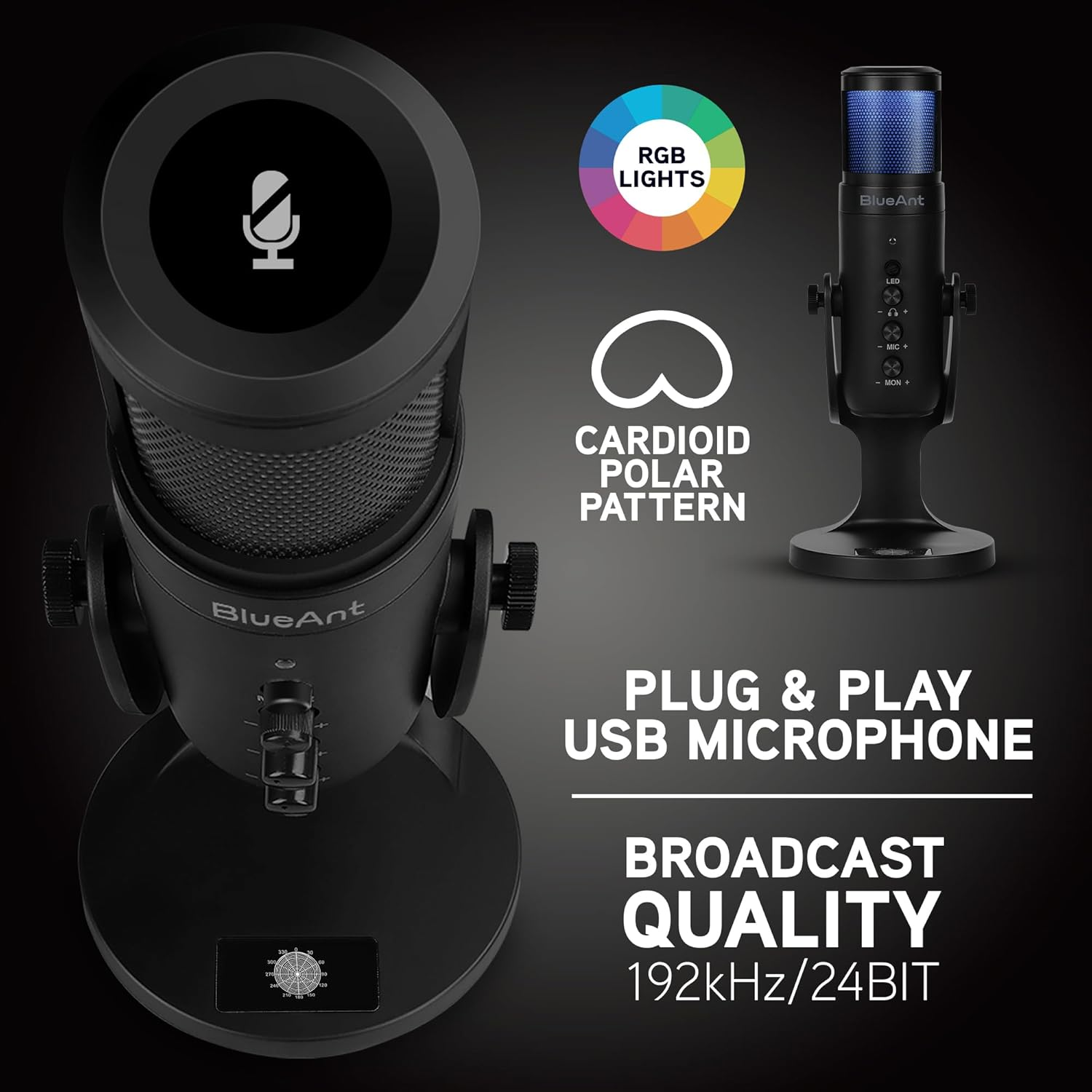 Blueant Stream X USB Microphone, Broadcast Quality Condenser Mic with Real-Time Monitoring, Plug-And-Play USB-C, Adjustable Stand for Streaming, Podcasting, Gaming & Calls, LED Lighting image number 6