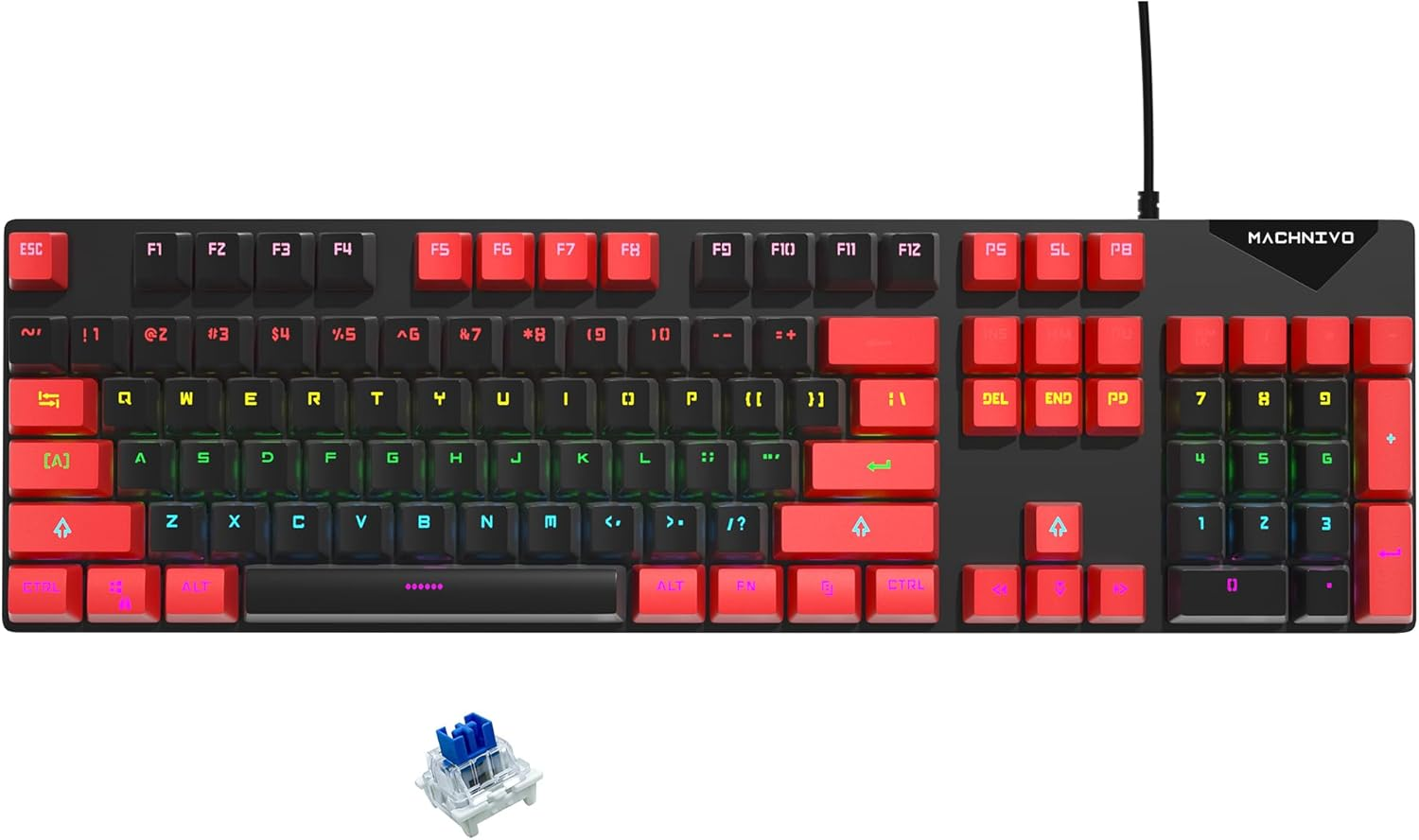MACHNIVO K51 104 Keys Wired PC Gaming Keyboard, Full Size Mechanical Keyboard with Hot Swappable, RGB Backlight, Aluminum Frame, QWERTY Compatible with Windows and Mac (Red Switch, Blue & White)