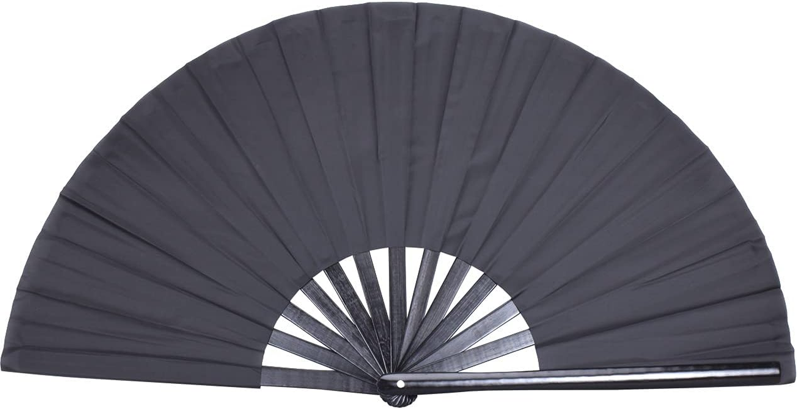 Folding Fan Black Large Hand Fan Chinese Kung Fu Tai Chi Hand Held Plastic-Nylon Folding Fans for Men with a Fabric Case for Protection 13Inch (Folding Fan Black)