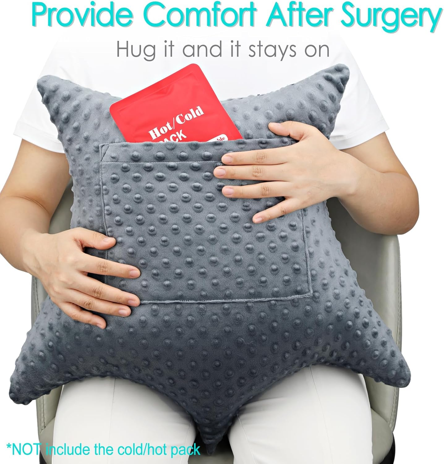 D. Cozy Star Shaped Hysterectomy Pillow with 2 Pockets for Abdominal Surgery Hysterectomy Recovery Must Haves Products Gifts Tummy Pillow with Hands Placement Pouch Minky Dot Dark Gray image number 4