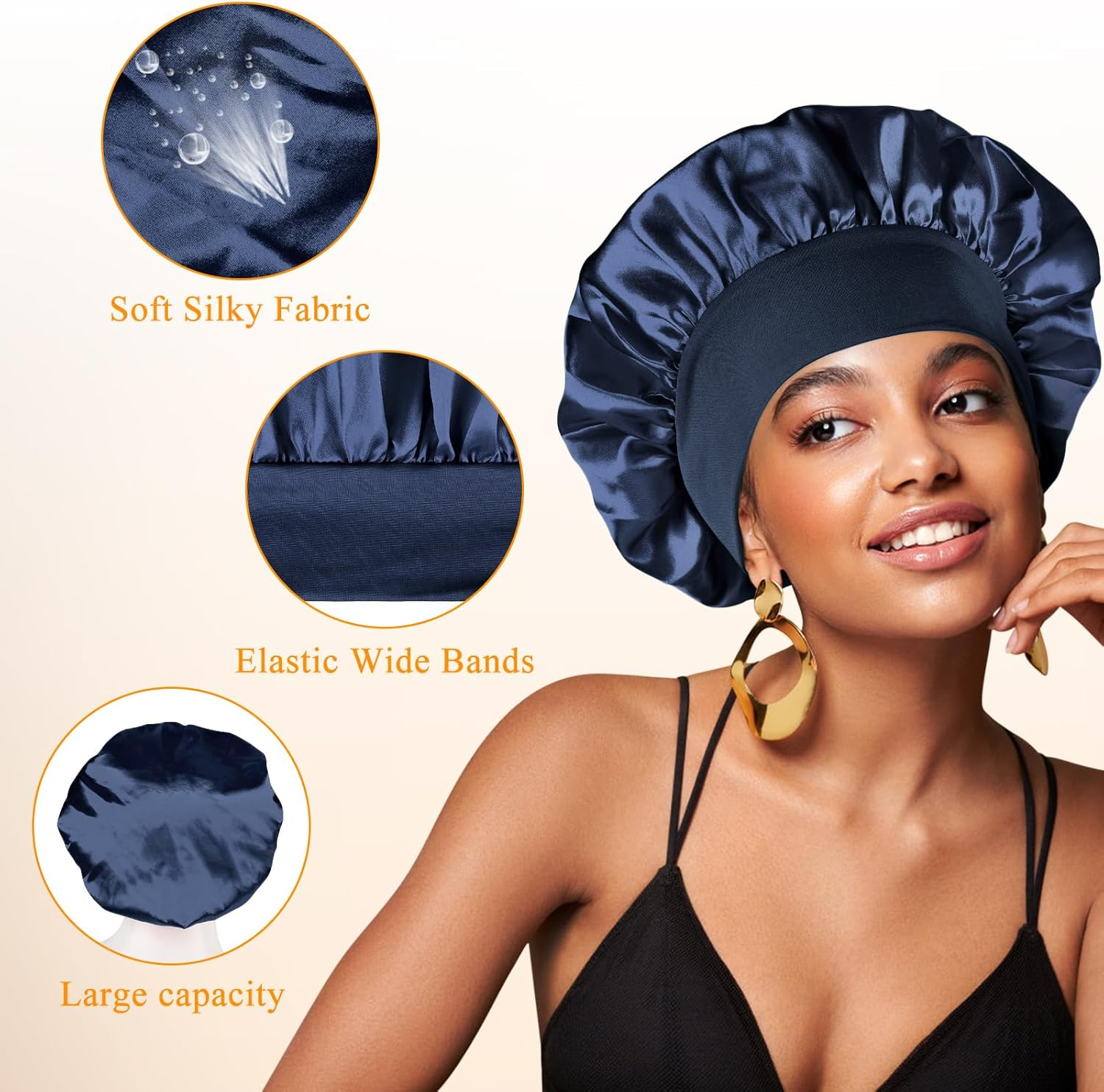 [2 Pcs]Satin Bonnet Silk Hair Bonnet with Wide Elastic Band, Hair Bonnet Silk Hair Wrap for Sleeping, Soft Head Cover Sleeping Hat Night Sleep Cap for Women Men Curly Hair - Black+Red image number 4