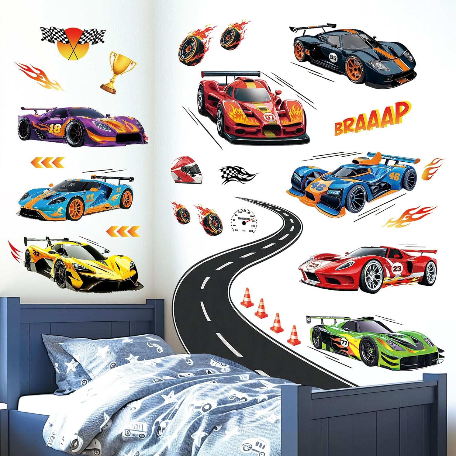 DECOWALL Race Car Wall Stickers &ndash; Large Racing Track & Sports Cars Peel & Stick Removable Decals for Kids Bedroom, Boys Room & Playroom Decor (SG2-2517) image number 1