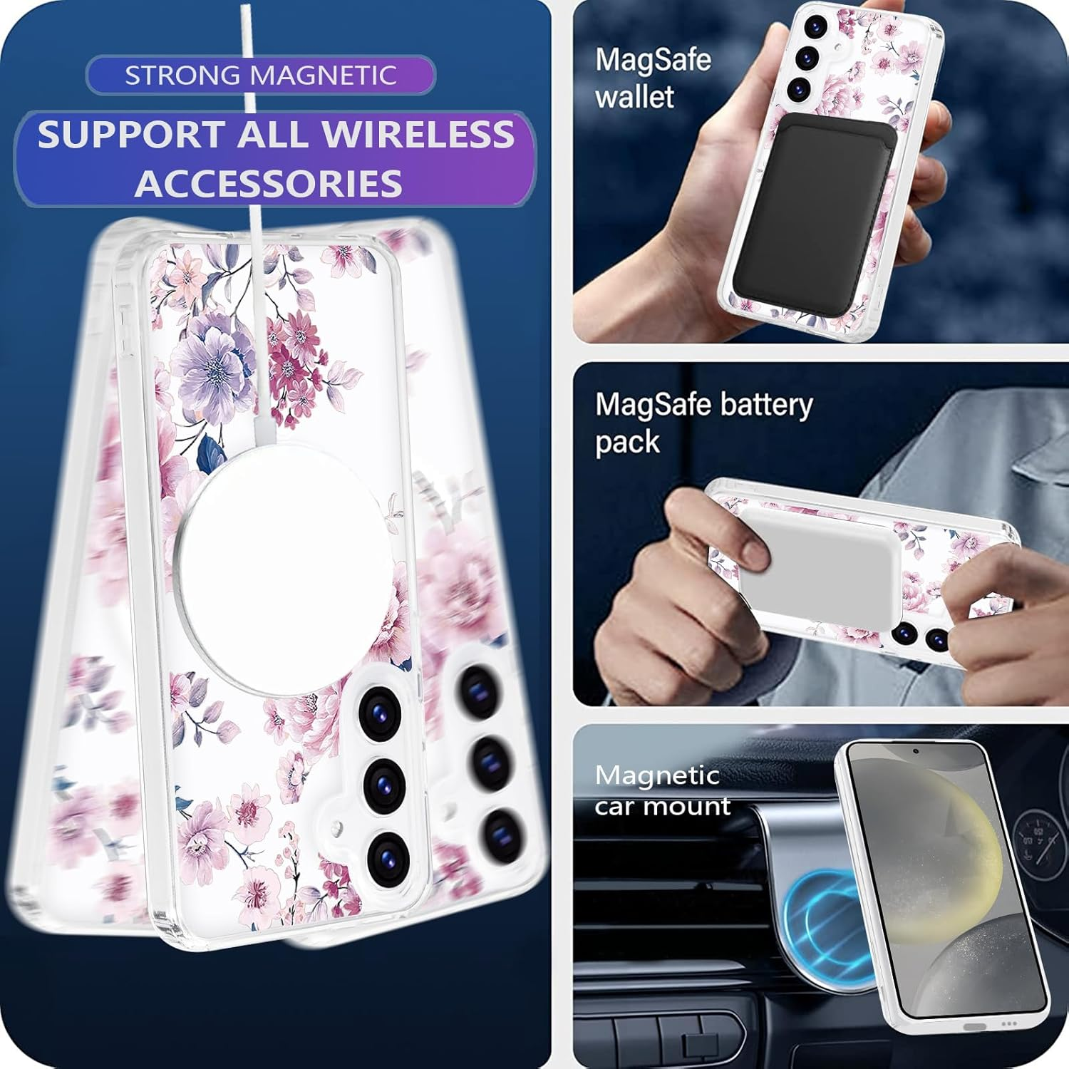 Tcaraersing for Samsung Galaxy S24 6.2" Magnetic Flower Case - Floral Pattern Shockproof Cover with Magsafe Compatibility, Slim Hard PC Back & Soft TPU Edge for Women & Girls, Peony image number 6