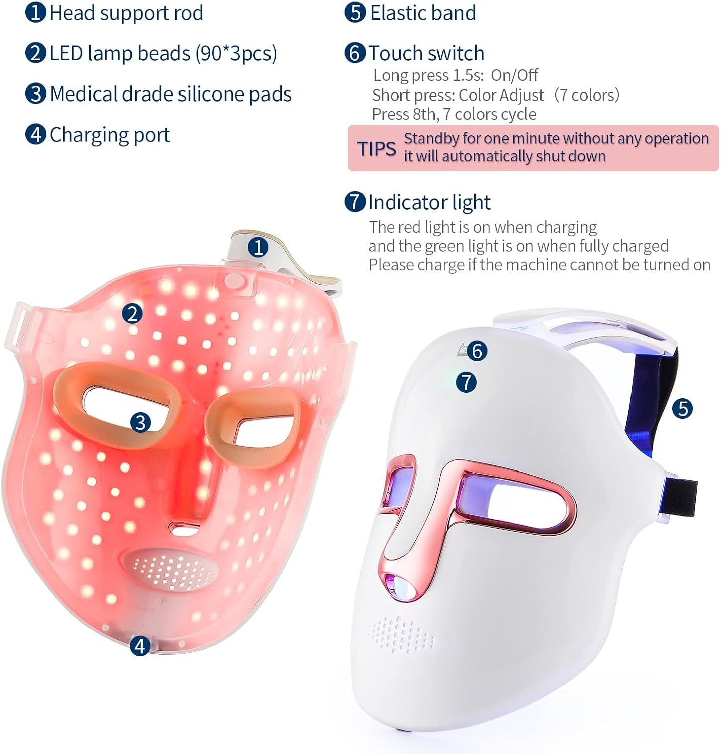 LIARTY 7 Color LED Face Light Therapy Mask Beauty Skin Rejuvenation Photon Device, Blue＆Red Light Face Beauty Mask for Face Lifting, Whitening, Firming,Tightening Skin Care(White) image number 2