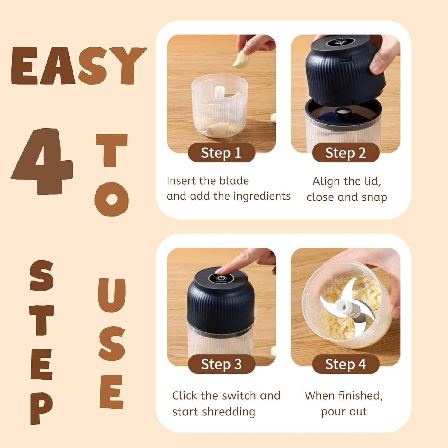 Mini Electric Garlic Beater and Chopper, 300Ml Mini 4 Blade Meat Grinder, Cordless Meat Grinder, Egg Beater. Portable, Rechargeable, for Vegetables, Peppers, Onions, Spices and Nuts (Blue, 300ML) image number 6