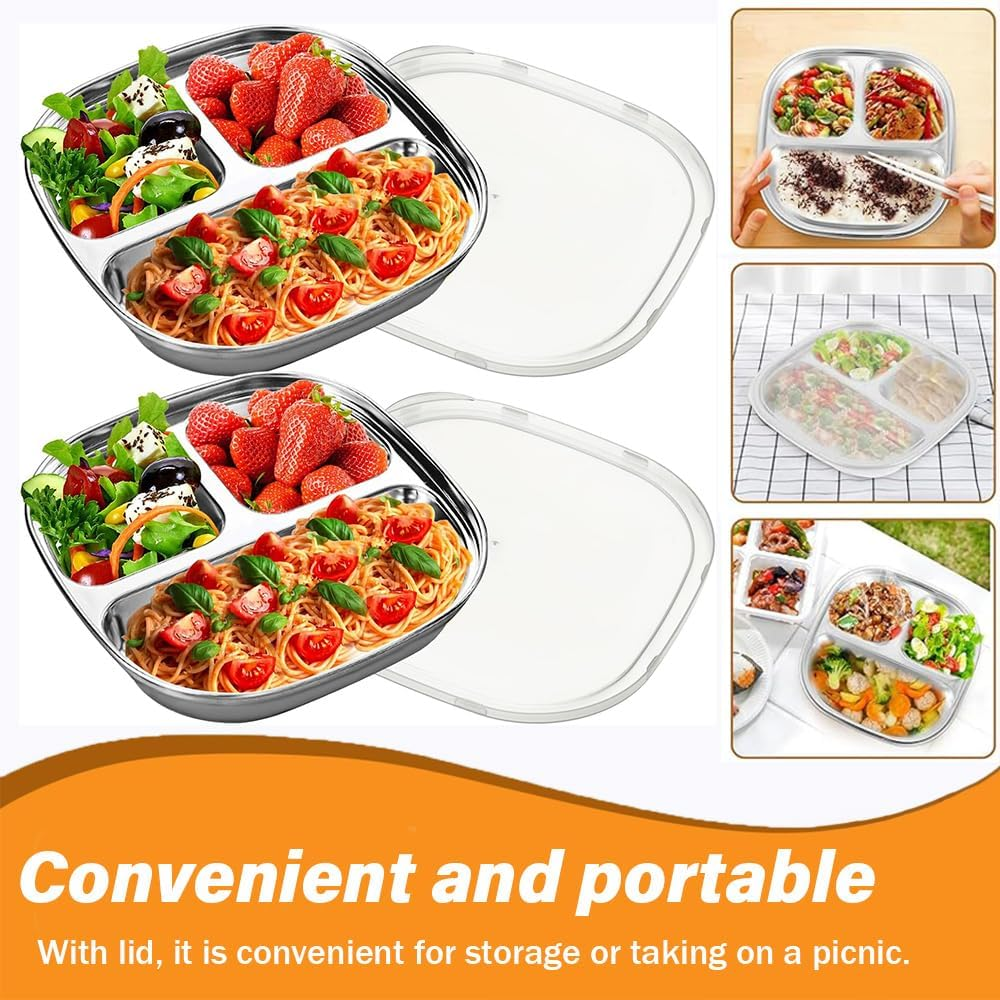SHENMAIDAY 4-Pack Stainless Steel Small Dinner Plates, Stainless Steel Trays, Portion Control Divider Trays with Lids, 3-Compartment Lunch Divider Trays, Family Camping Metal Food Trays image number 3