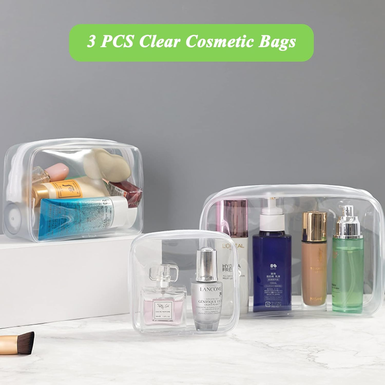 Set of 3 Clear Cosmetic Bags - Clear Travel Makeup Bags, Clear Toiletry Bags, Portable Clear Pouches, Transparent Travel Pouch Bags with Zipper for Women, Girl (Clear) - Black image number 7