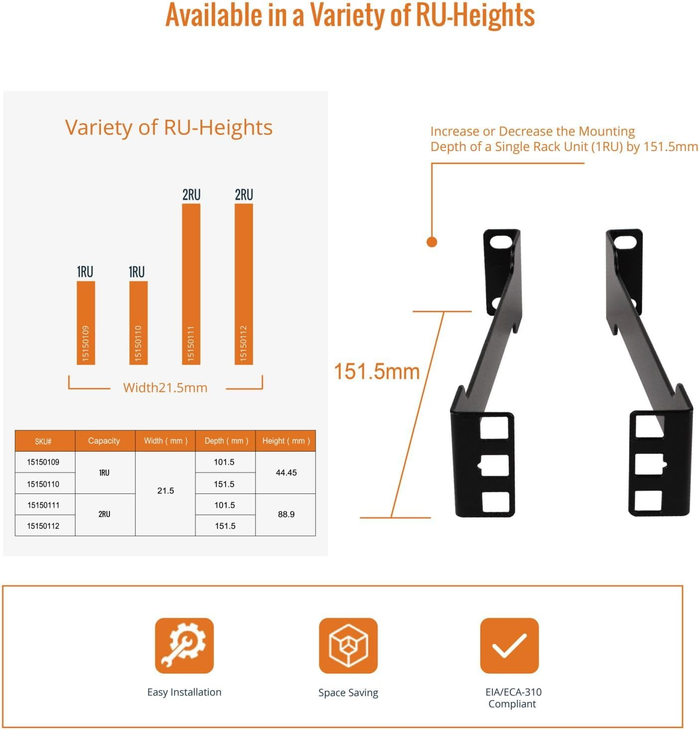 Tecmojo 1RU Server Rack Depth Extender, 152 Mm Recessed Rack Mount Adapter Kit for Network Rack, Standard 19 Inches Open Frame Rack Compatible, Black image number 2