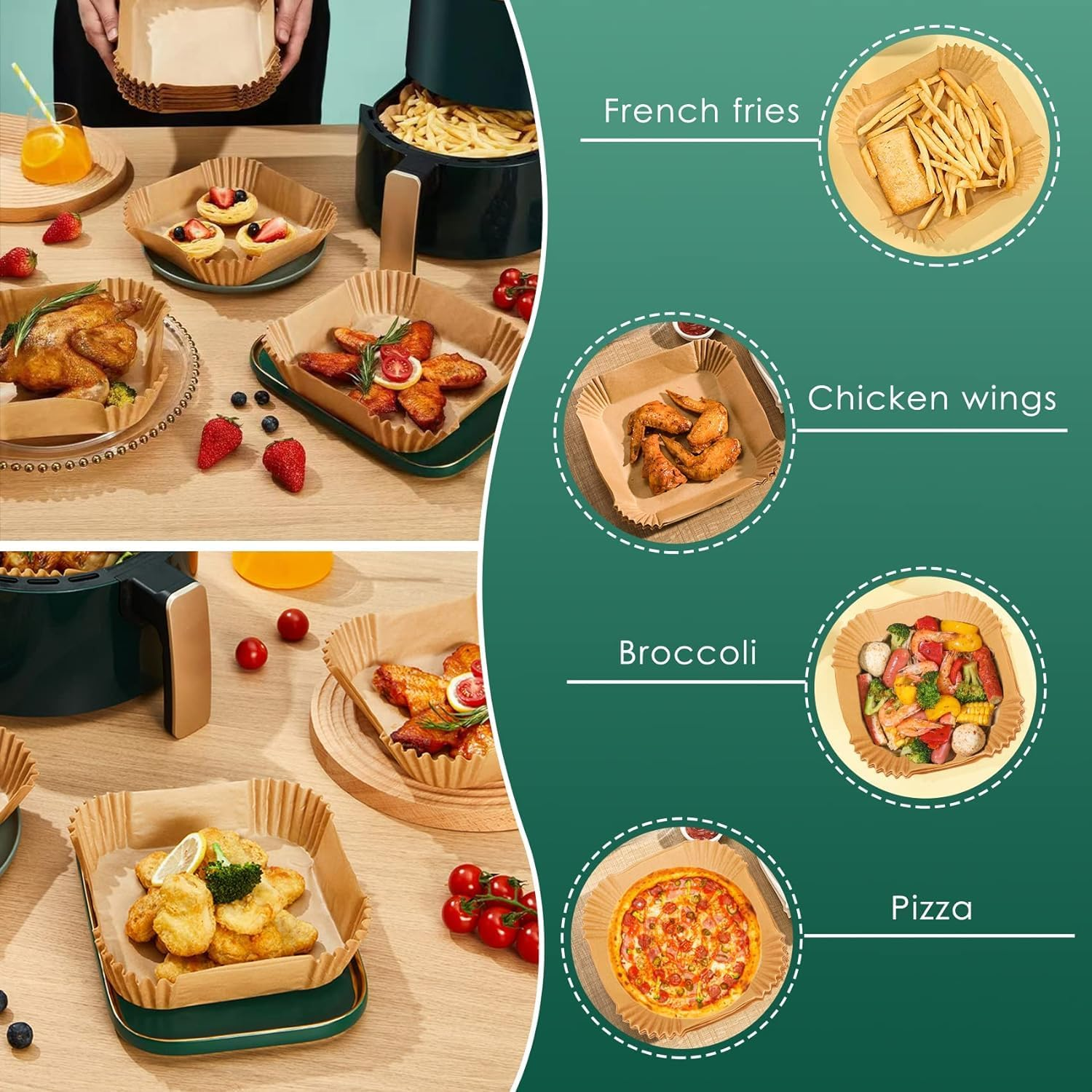 Mumoo Bear Disposable Air Fryer Paper Liners 100PCS 7.9 Inch Square Liners for Air Fryer, Grease and Water Proof Non Stick Basket Parchment Paper