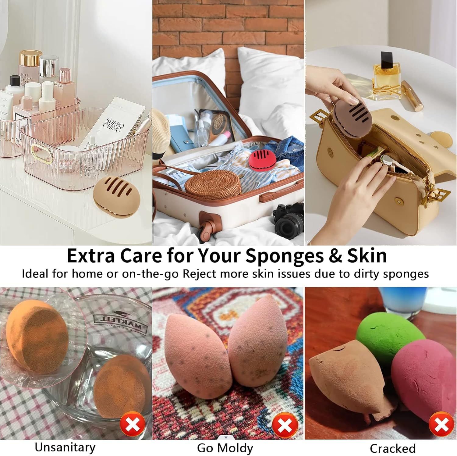 Fauxomor Makeup Sponge Holder,Double-Sided Stripe Vented Silicone Beauty Blender Holder for Travel,Shatterproof Make up Sponge Travel Case for All Sponges Sanitary Reuse Easy to Carry,Rose Red image number 6