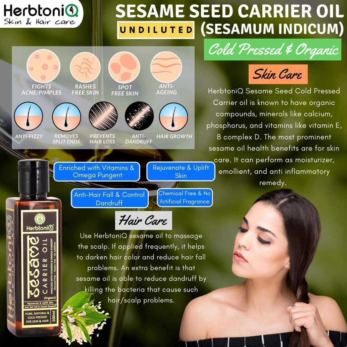 Herbtoniq Organic Sesame (Sesamum Indicum) Cold Pressed Carrier Oil for Moisturizing, Healing, Dry Skin, Nail & Hair Care (100Ml, 3.38 Fl Oz)