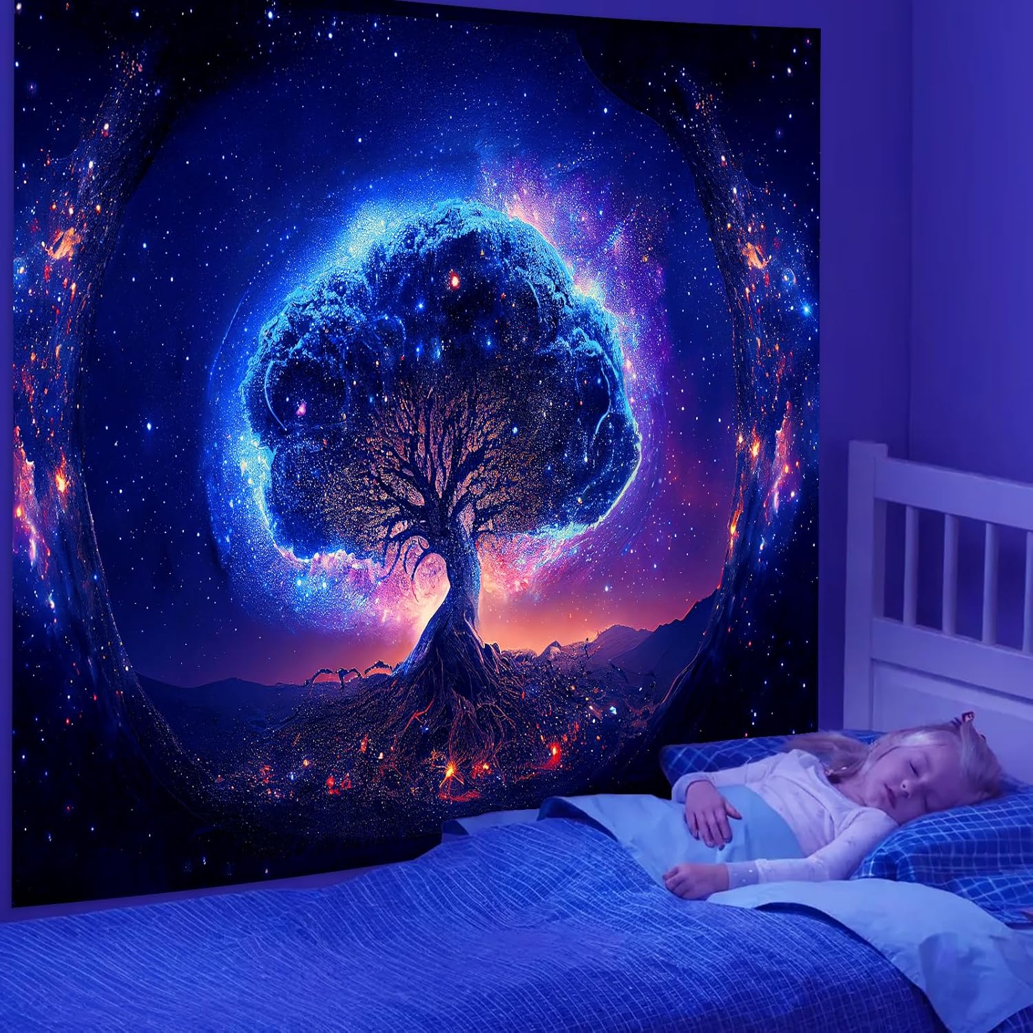 Blacklight Tree and Space Tapestry for Bedroom, Aesthetic Cool Black Light Tree of Life Tapestries for Girl, Fantasy Stars Galaxy Wall Hanging for Living Room Teen Dorm Decor (51" X 60") image number 3