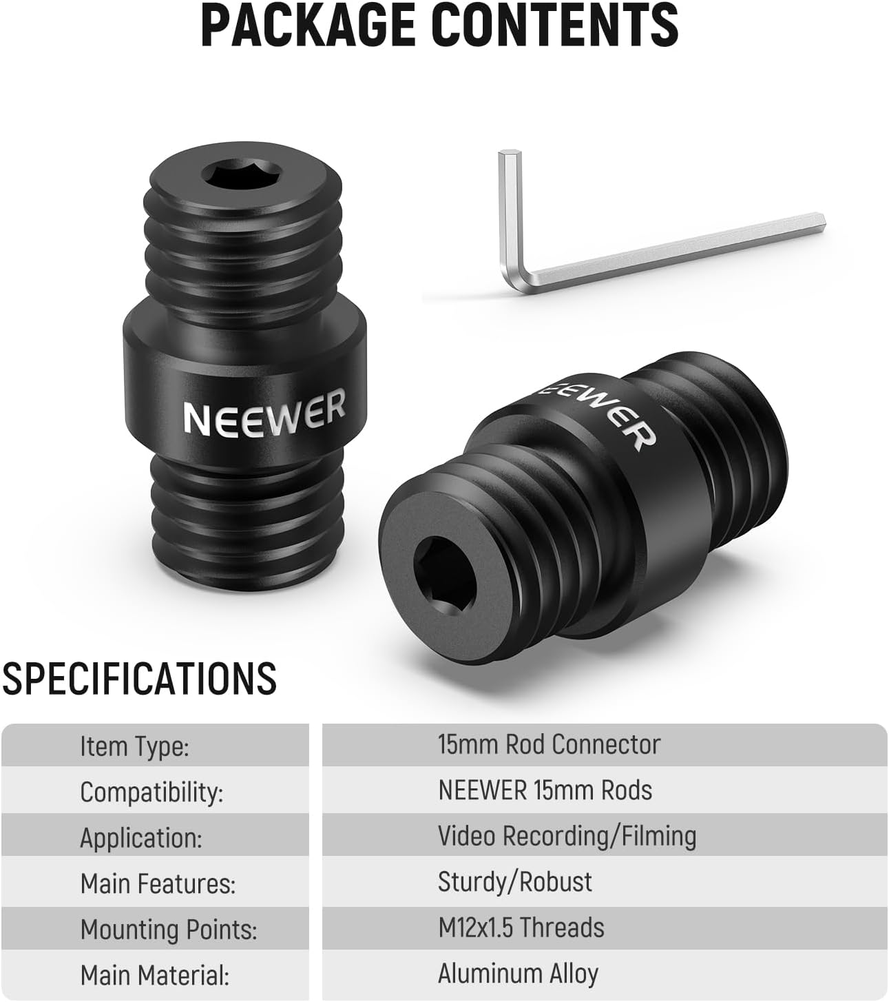 NEEWER 15Mm Rod Connector, 2 Pack, M12X1.5, Black, Compatible with NEEWER Aluminium Alloy 15Mm Rods & LWS Shoulder Rests, Camera Support Rod Connector image number 6