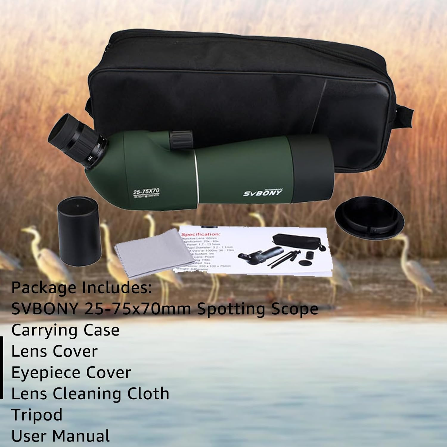 SVBONY SV28 25-75X70Mm Spotting Scope Telescope, Bak4 Prism, Spotter Scope for Target Bird Watching with Tabletop Tripod image number 2