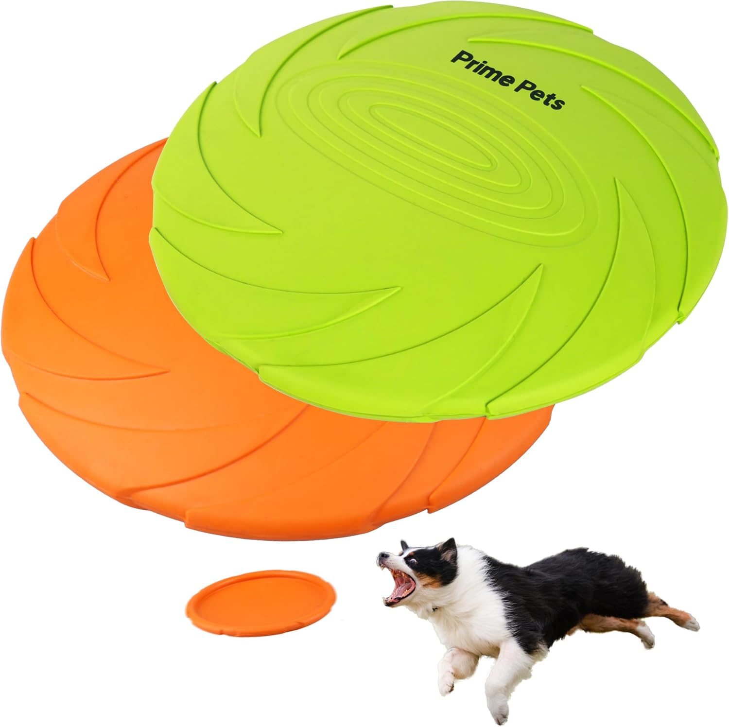 Primepets 2 Pack 7 Inch Dog Frisbees, Durable Dog Toys, Nature Rubber Floating Flying Saucer for Water Pool Beach, Orange and Green image number 4