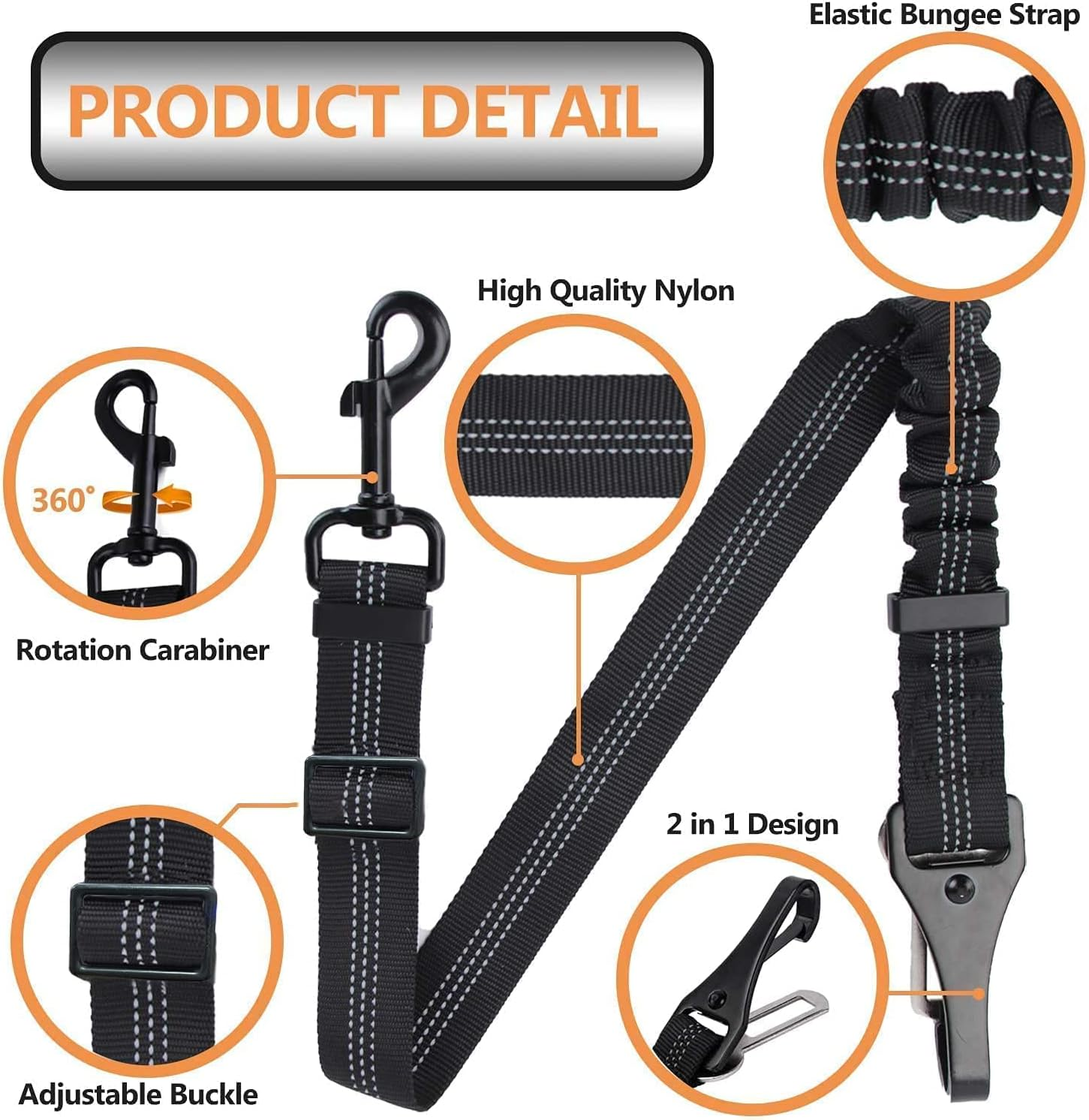 Kelivi 2-In-1 Dog Car Seat Belt 2 Packs Adjustable Dog Seat Belts for Car, Hook Latch Bar & Seatbelt Buckle Pet Dog Car Harness Belt for Vehicle Trip (Black) image number 1