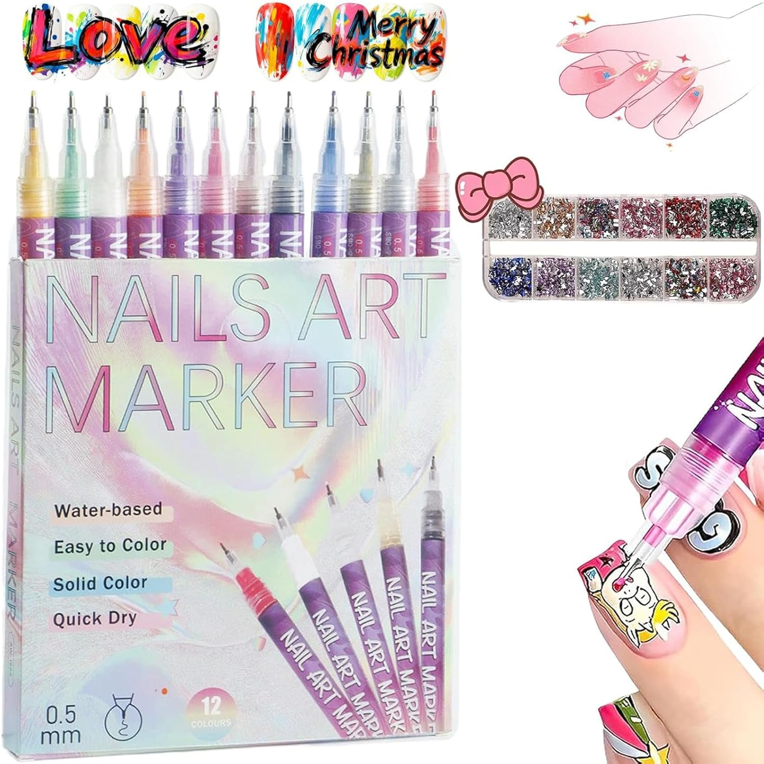 12 Colors Nail Art Pens Set, Nail Art Markers for Gel Nails DIY Nail Art Marker Drawing Painting Liner Pen 3D Nail Polish Pens Quickly Dry Nail Art Nail DIY Decoration (1Pcs)
