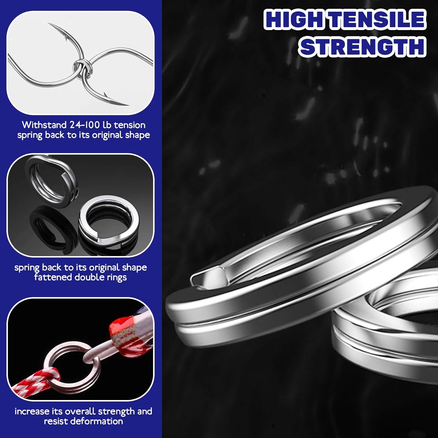 Waltool 5 Sizes Fishing Split Rings Assortment Kit Stainless Steel Double Flat Lure Tackle Connector 30Lb to 120Lb Test for Trolling Jigging Offshore image number 2