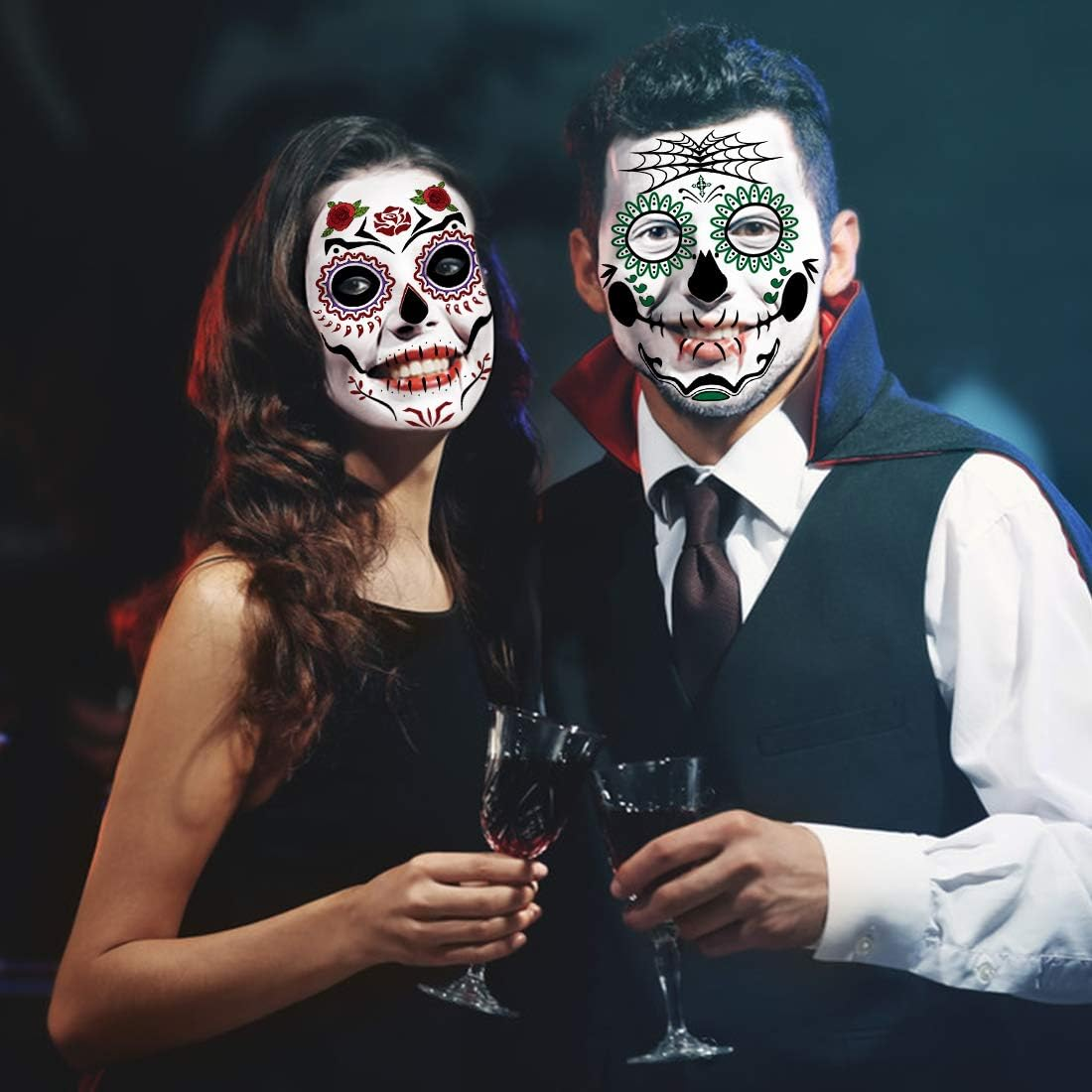 Day of the Dead Sugar Skull Temporary Face Tattoo Kit, 9 PCS Web Face Tattoo for Halloween, Party,Costume, Men, Women image number 4