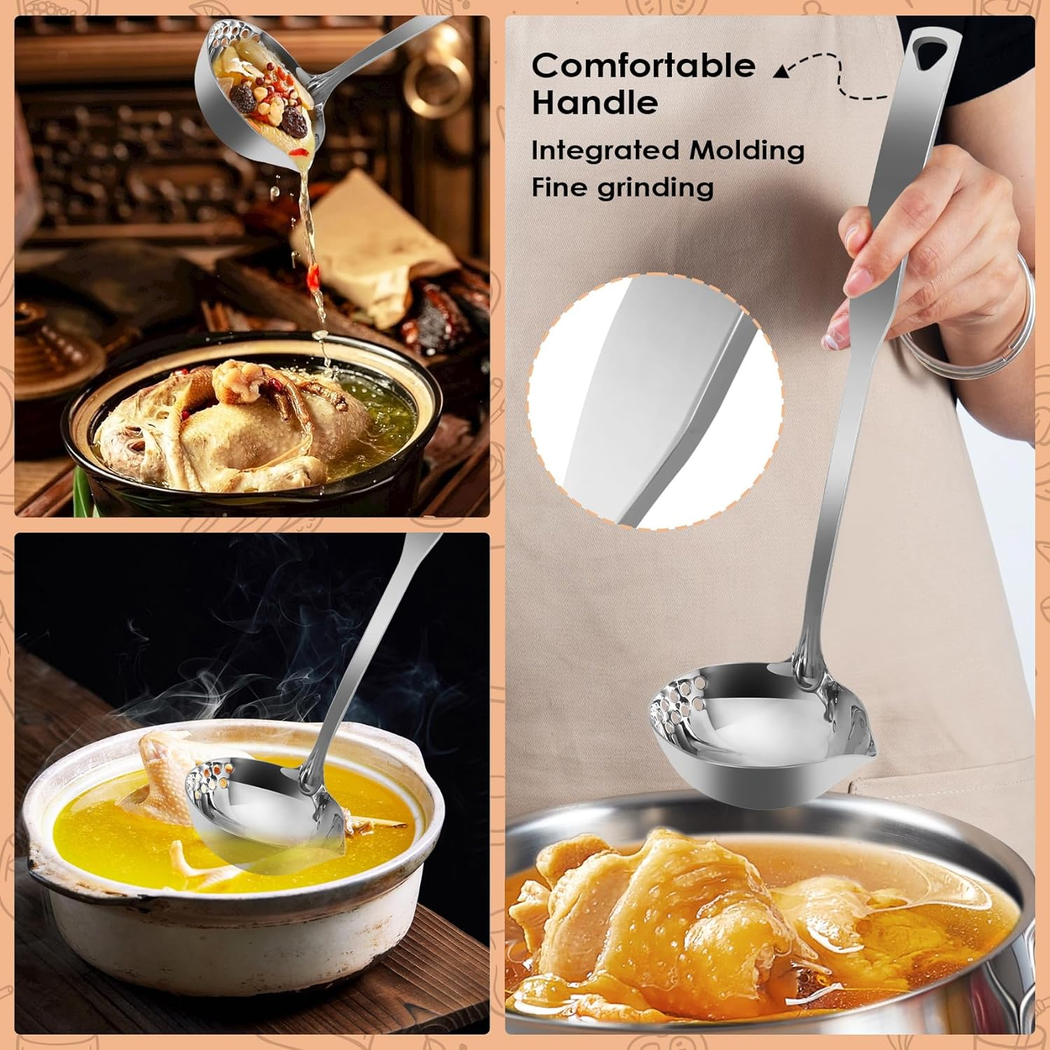 Synpinya Stainless Steel Ladles with Pouring Lip, Serving Soup Ladle, Skimmer Slotted Spoon, Strainer Oil Colander, Canning Ladle Pouring Rim image number 1