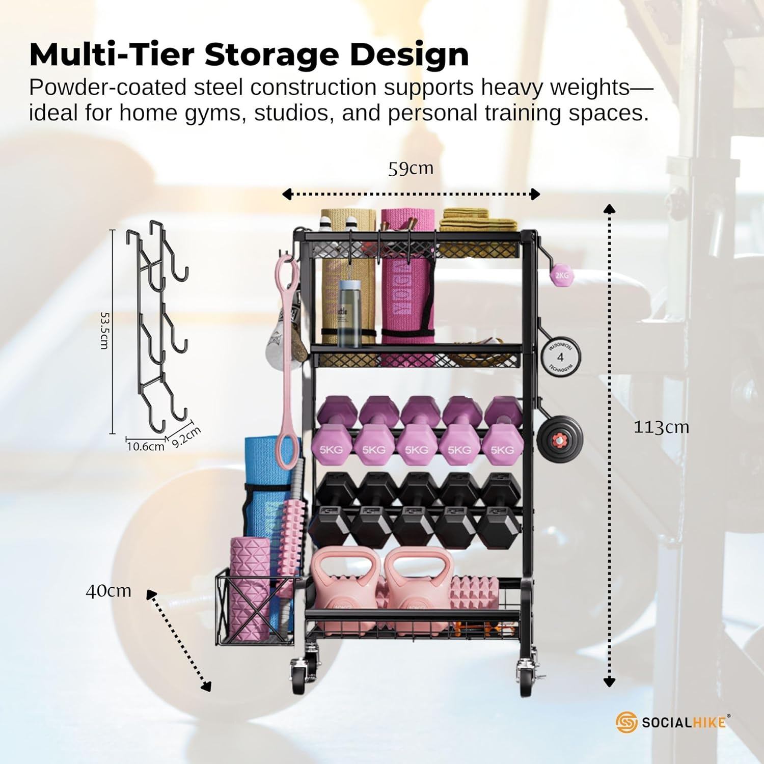 Social Hike Gym Equipment Storage Rack on Wheels - Dumbbells Weights Organiser image number 4