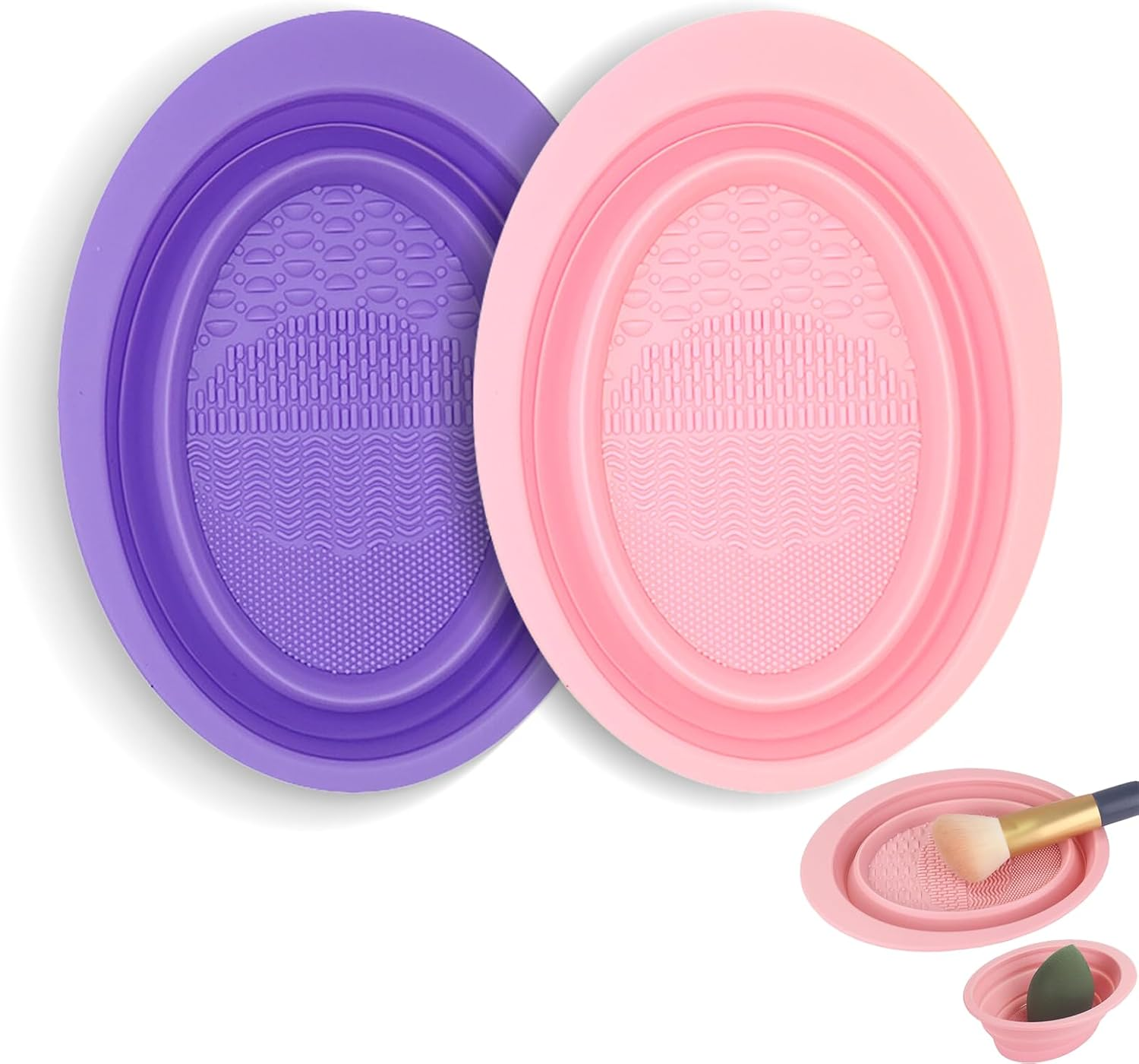 Hzqzaoan 2 Pcs Foldable Silicone Makeup Brush Cleaner Bowl, Makeup Brush Cleaning Mat Foldable Environmental Silicone Cleaning Bowl, Portable Cleaning Tool for Brushes/Puffs/Sponges (Purple + Pink) image number 5