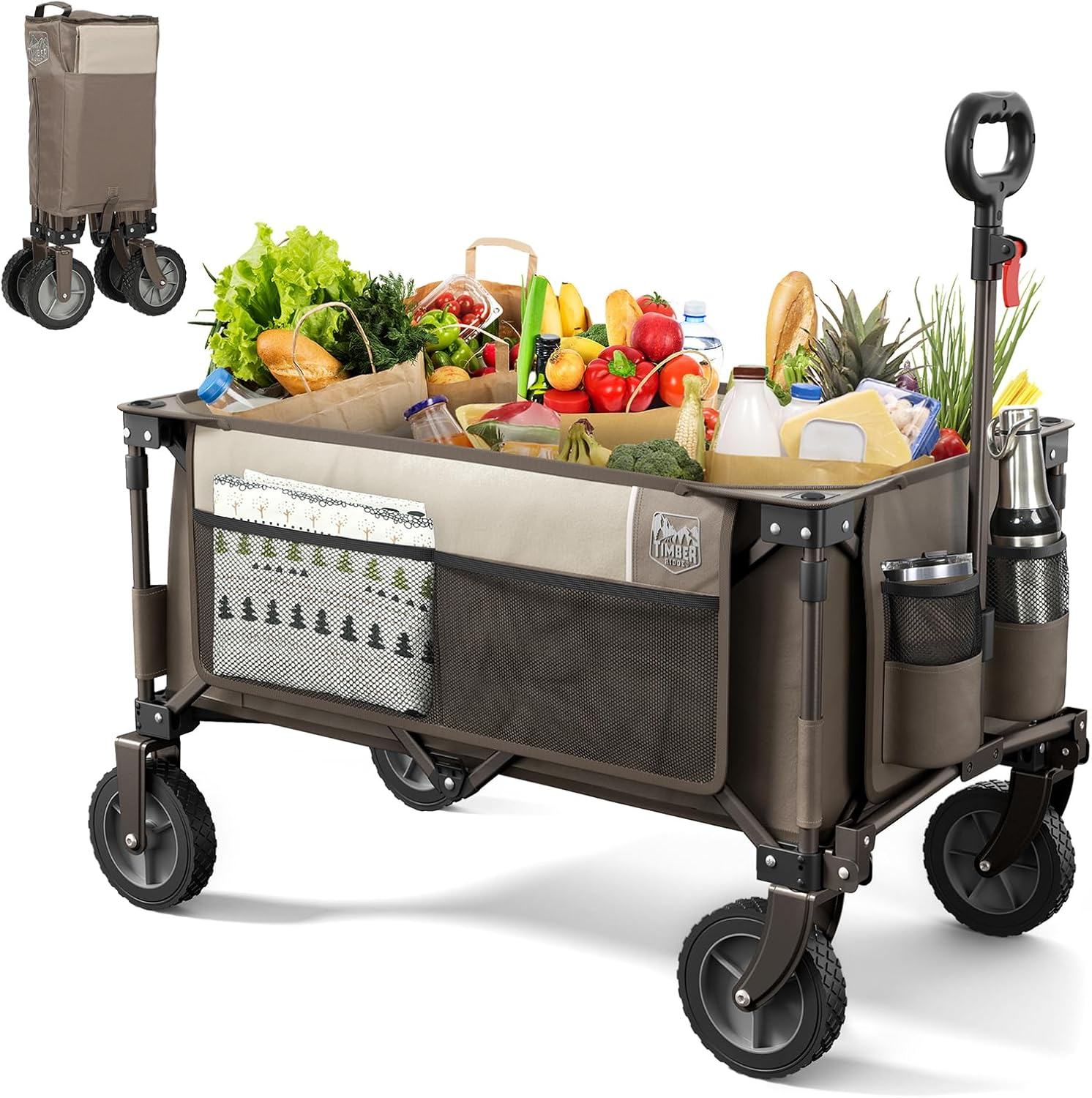Timber Ridge Collapsible Outdoor Folding Wagon Cart Heavy Duty Camping Patio Shopping Garden Cart with Side Bag Cup Holder, Tan image number 2