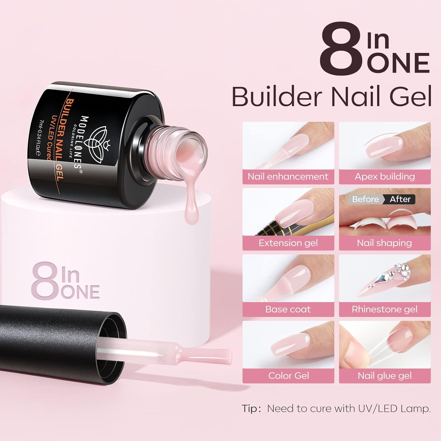 Modelones Builder Nail Gel Set, 6 Colors Gel Builder 8-In-1, Jelly Nude Pink Hard Gel Builder Nail Strengthener Extension Gel Color Base Gel Rhinestone Nail Tips Glue Gel in a Bottle, Gifts for Women image number 3