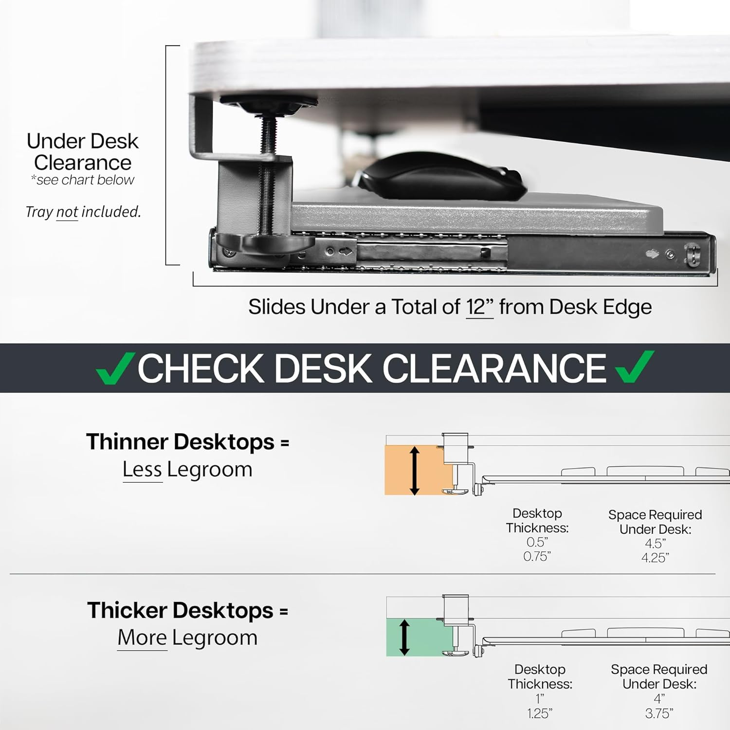 VIVO Clamp and 12 Inch Rail Set for DIY Custom Wooden Keyboard Trays (Tray Not Included), under Desk Pull Out Slider Track with Extra Sturdy C-Clamp Mount System, White, MOUNT-RAIL02W