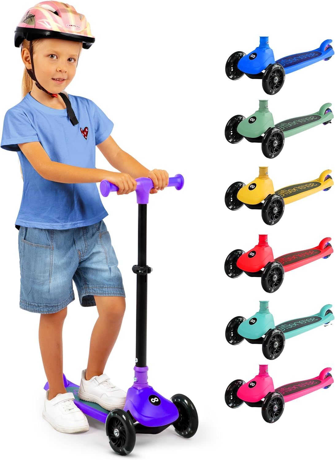 Serenelife 3 Wheel Scooter for Toddlers & Kids, Foldable Seat, LED Wheels, Adjustable Handlebar, Anti-Slip Deck, Rear Foot Brake, Lean-To-Steer, Kid Scooter Ages 18M&ndash;7Y, Supports up to 50 Kg. image number 1