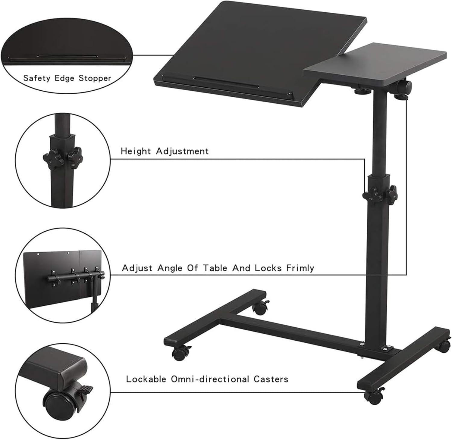 Rolling Laptop Stand Desk, Adjustable Height Mobile Laptop Cart Desk with Wheels, 60 * 35 * 90Cm, Black ﻿ image number 3
