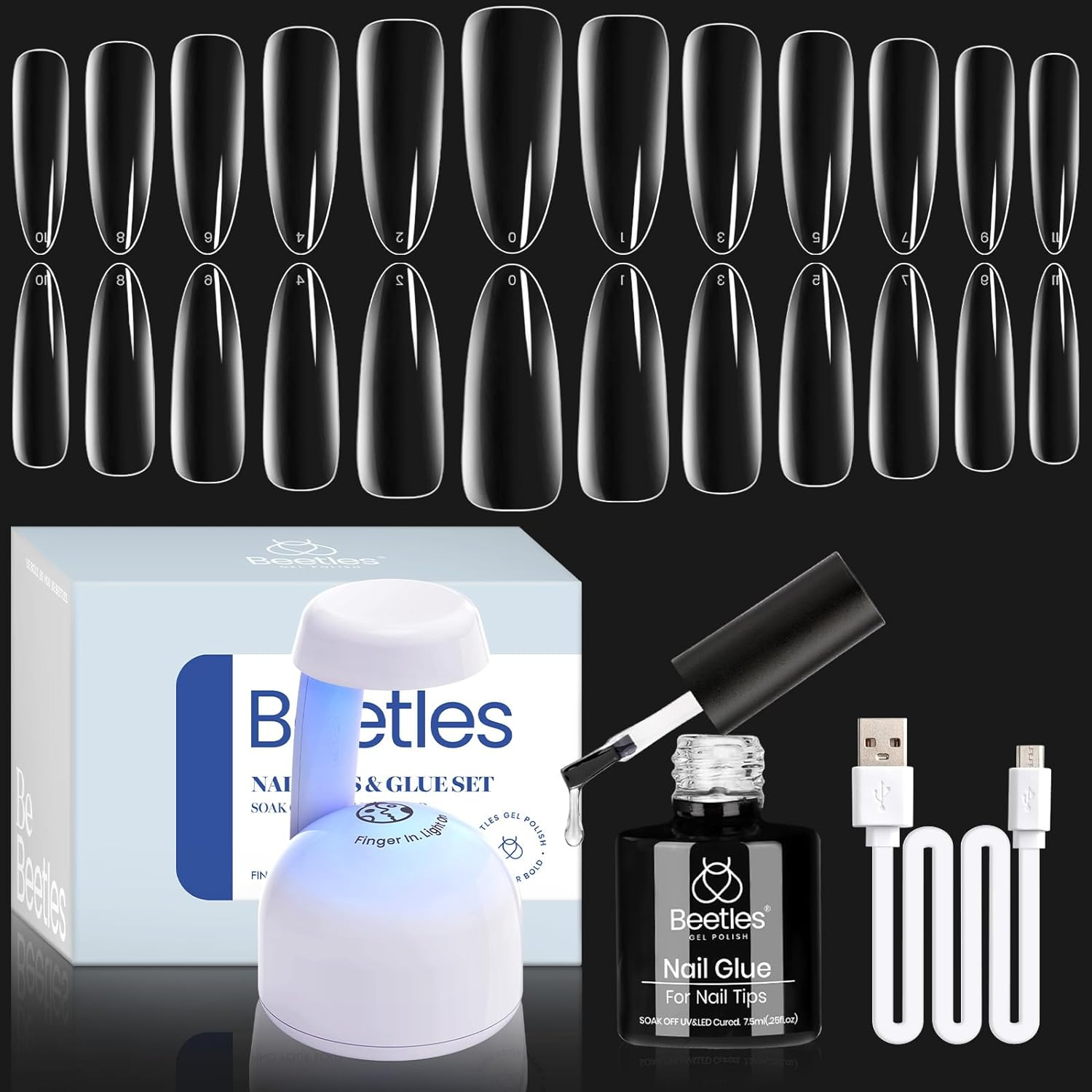 Beetles Gel Nail Kit Gel Nail Polish Nail Extension Kit 500Pcs Long Almond Pre Shaped Clear Full Cover False Nail Tips with 5 in 1 Nail Glue and Innovative Led Nail Lamp for Nail Art Diy Home Manicure