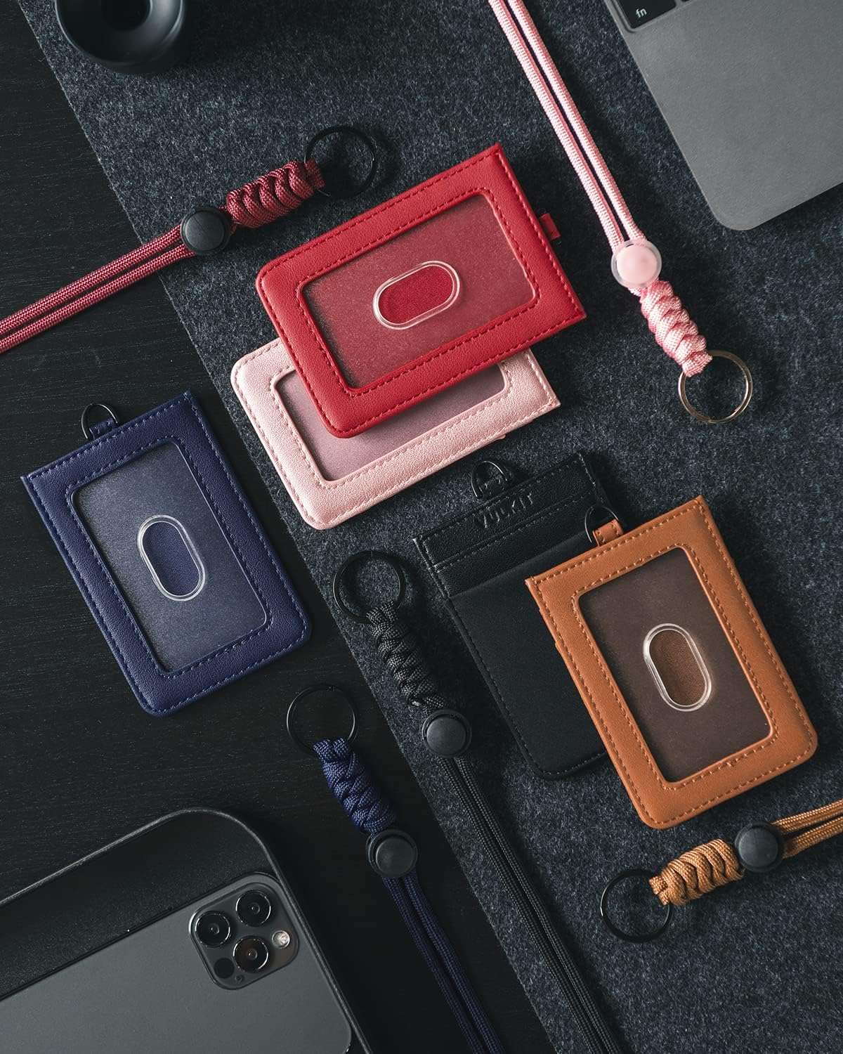 VULKIT ID Badge Holder with Lanyard for Women and Men Vertical Leather Badge Holder with Clear ID Window Card Holder Slot and Money Pocket Brown image number 3