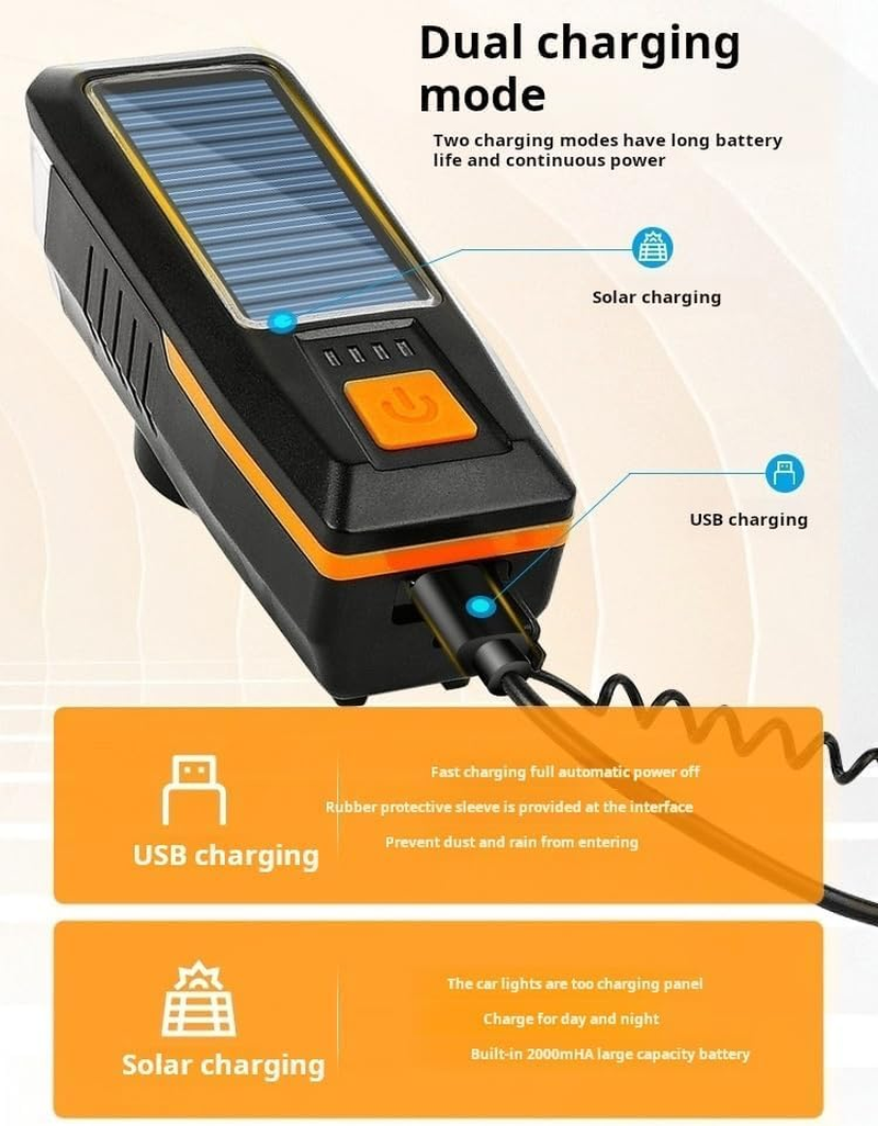 Multi-Functional Solar-Powered and USB Rechargeable Mountain Bike Night Cycling High Brightness Bike Front Light and 120Db Horn Bicycle Charging Light image number 3