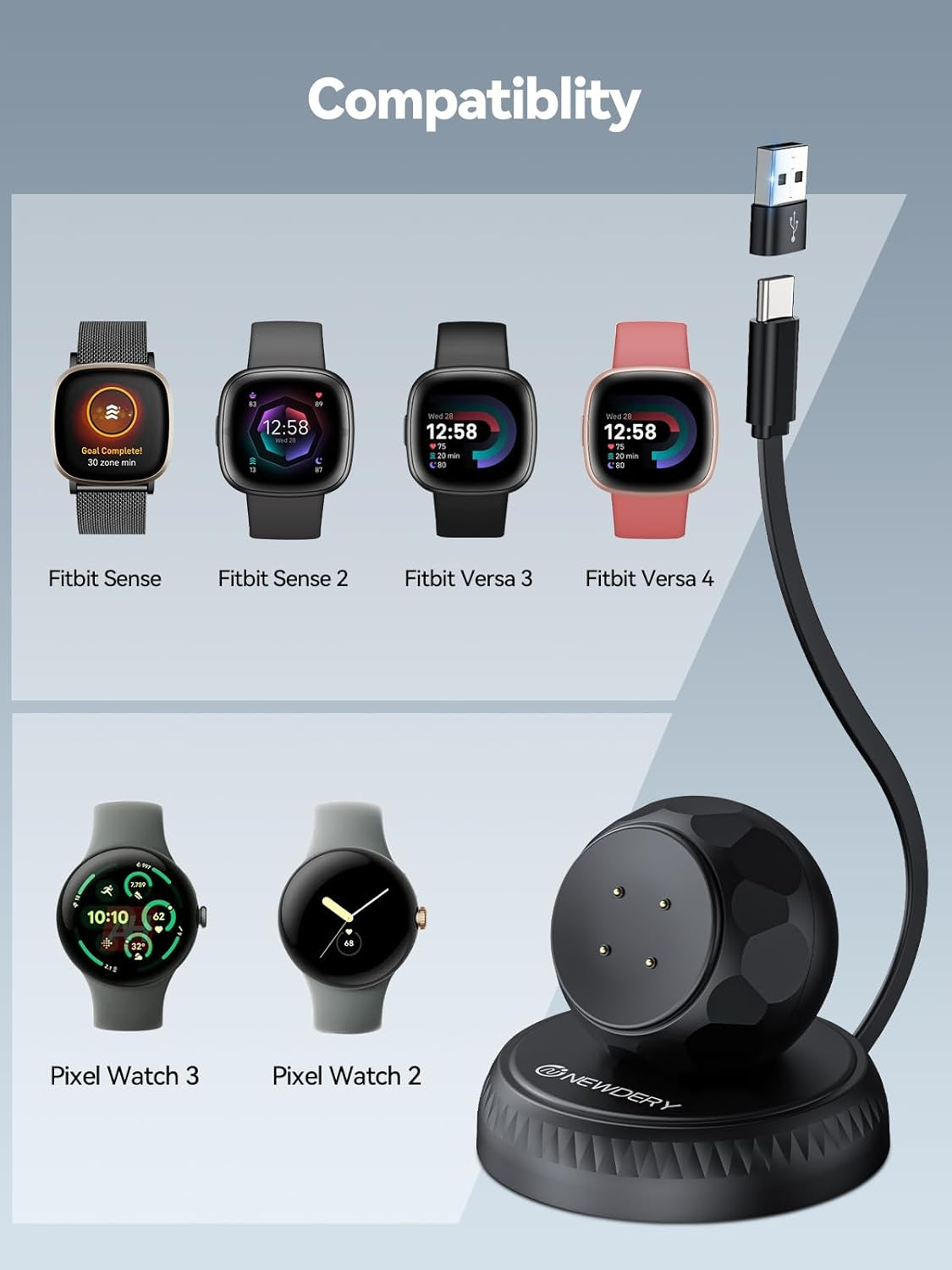 NEWDERY Charger Stand for Pixel Watch 3 2 & for Fitbit Sense 2/Versa 4 3, Retractable USB C Charging Cable with USB a Adapter, Portable Replacement Dock for Fitbit & for Google Smartwatch