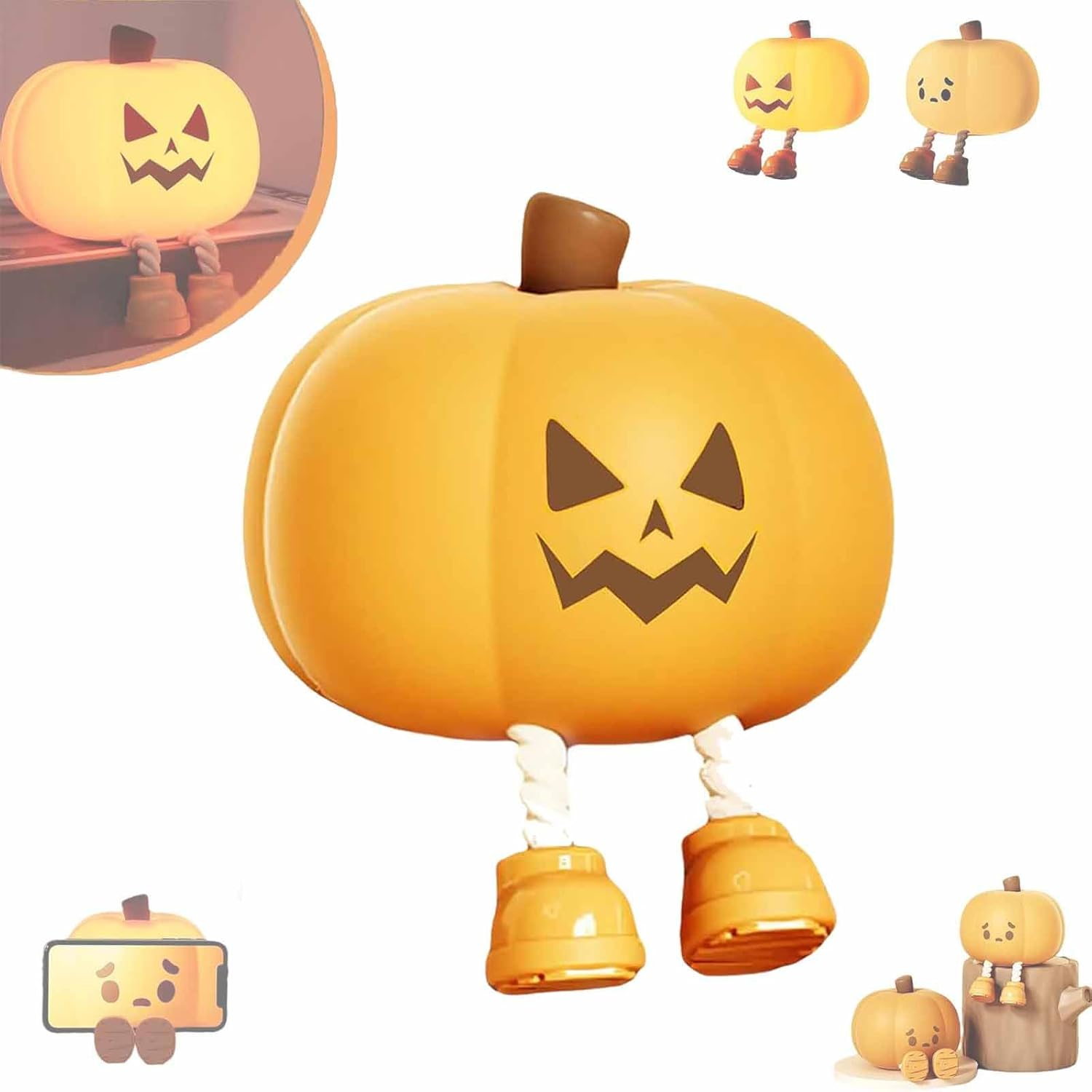Mischievous Grinning Pumpkin Night Light, Cute Halloween Pumpkin Night Light, Soft Silicone Bedside Touch Lamp with 3 Level Dimmable, Halloween Pumpkins Nights Lights (Style A) image number 2