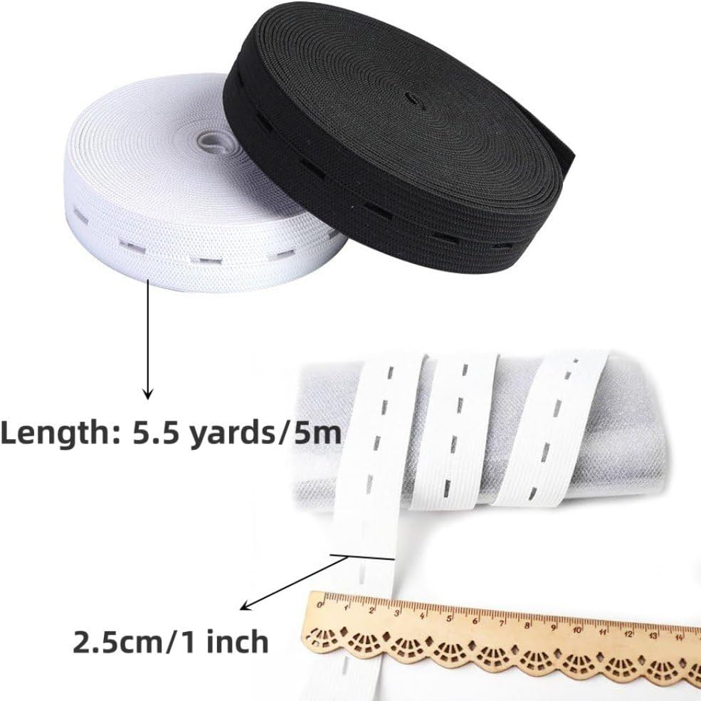 2 Rolls Elastic Band with Holes,Yifarube 1Inch Width Buttonhole Stretch Strip with Soft Tape Measure and 20Pcs Resin Button for Crafts DIY Waistbands (White and Black,5.5 Yard Each) image number 3