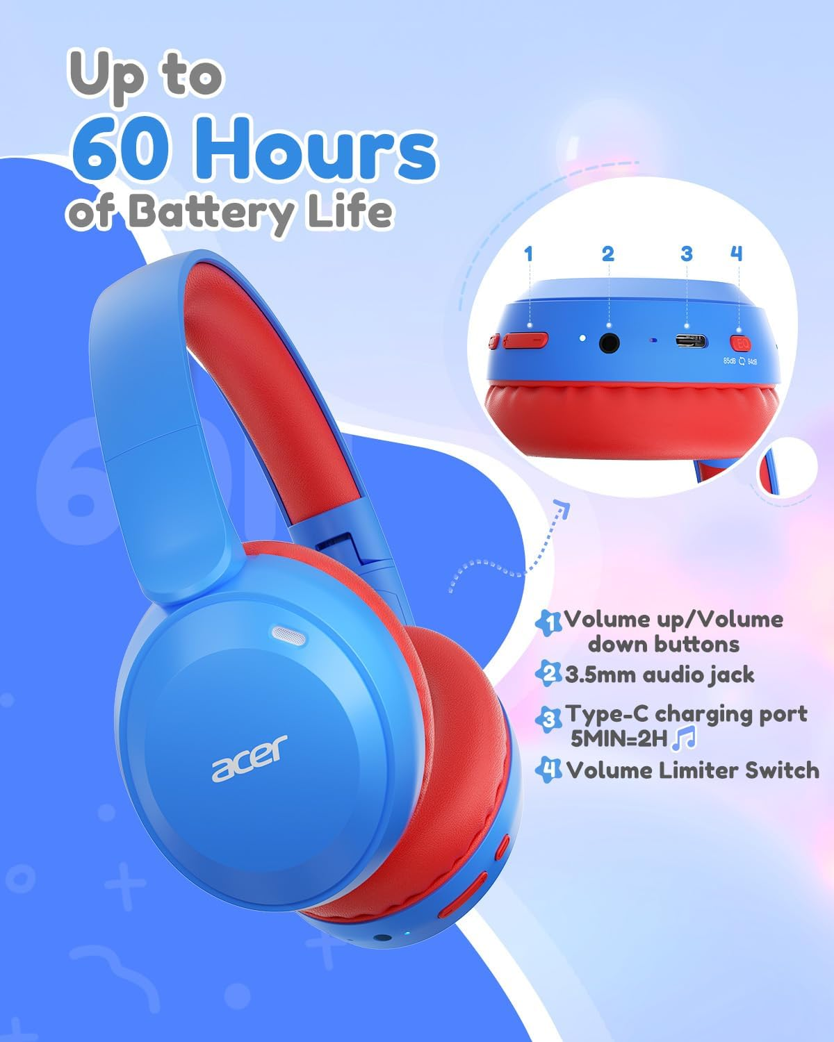 Acer OHR668 Kids Bluetooth Headphones - Blue Red image number 4